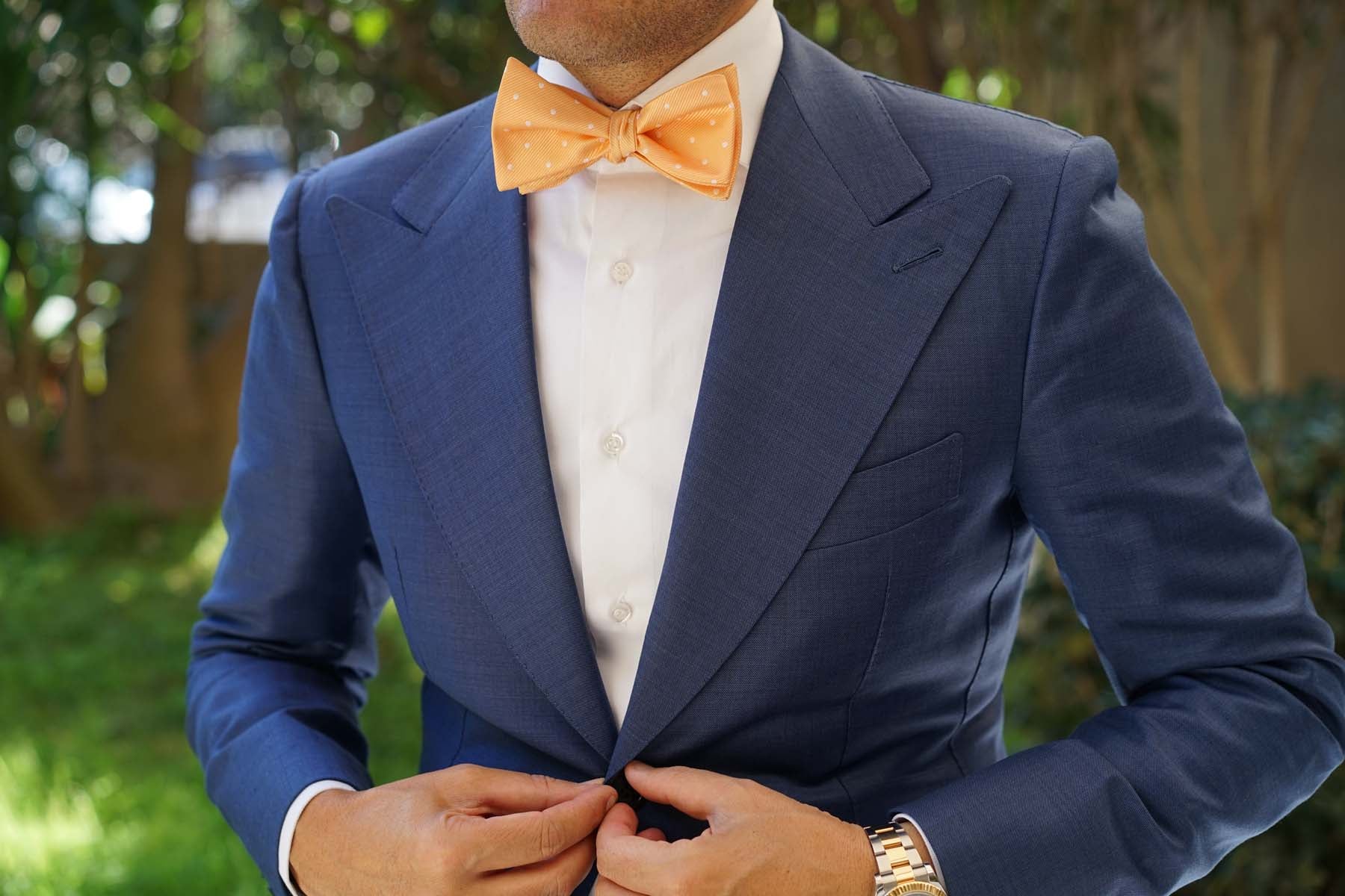 Orange with White Polka Dots Self Tie Bow Tie - Image 4