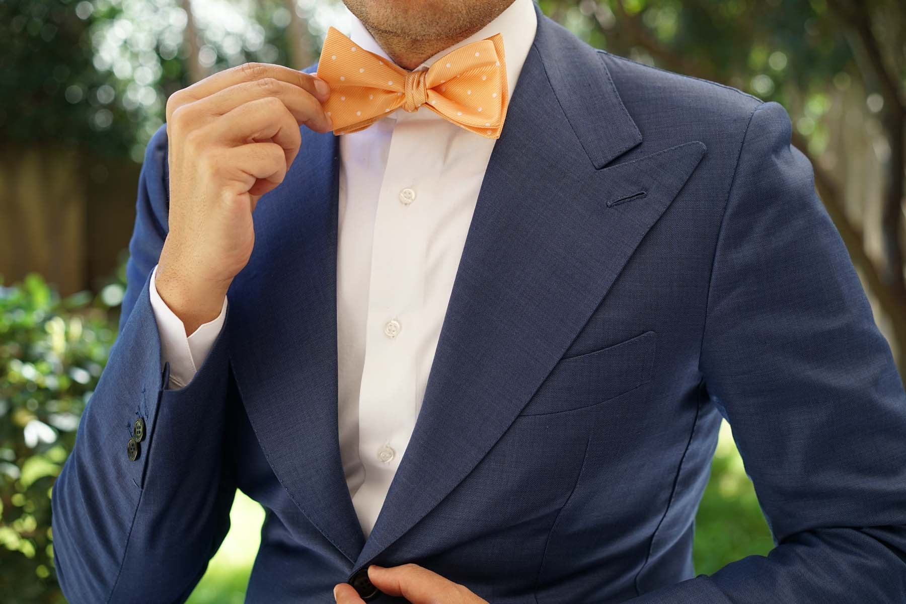Orange with White Polka Dots Self Tie Bow Tie - Image 6