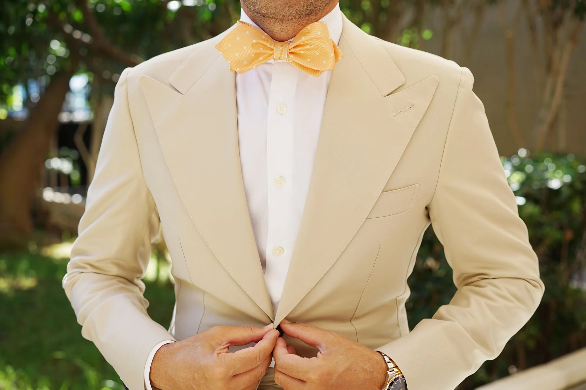 Orange with White Polka Dots Self Tie Diamond Tip Bow Tie - Image 6