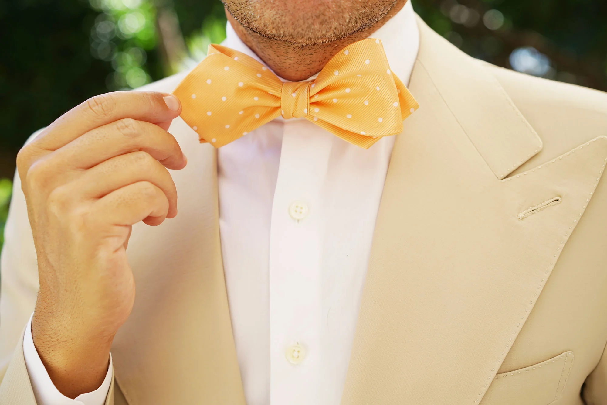 Orange with White Polka Dots Self Tie Diamond Tip Bow Tie - Image 9