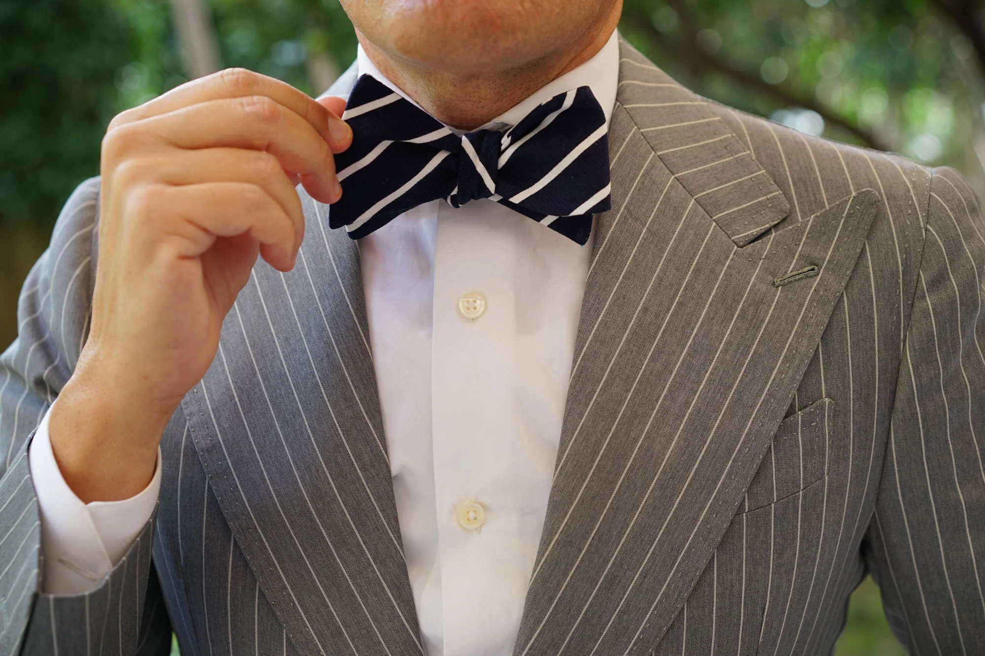Oxford Blue Pencil Striped Linen Self Bow Tie - Image 7