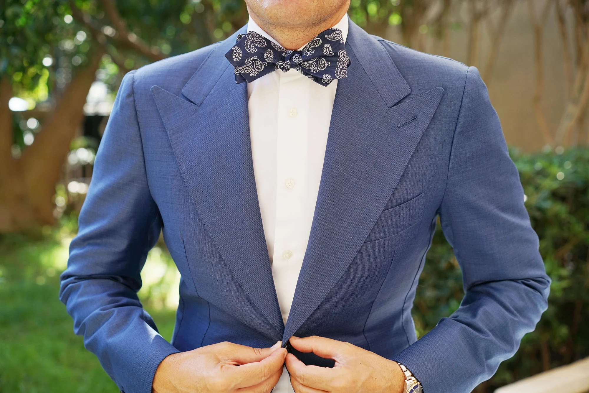 Paisley Navy Blue Self Tie Diamond Tip Bow Tie - Image 6