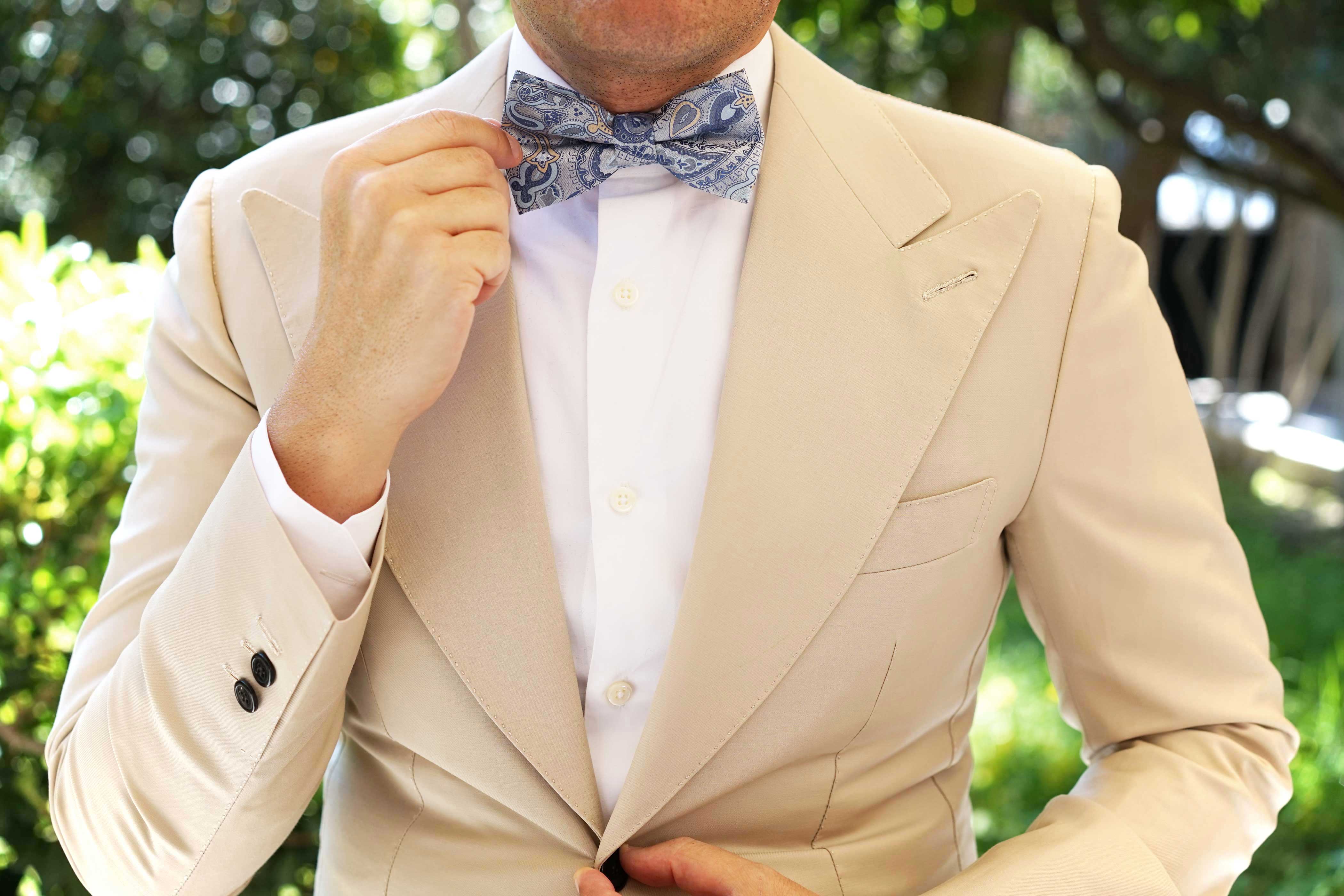Paisley Silver Bow Tie with Light Blue - Image 3