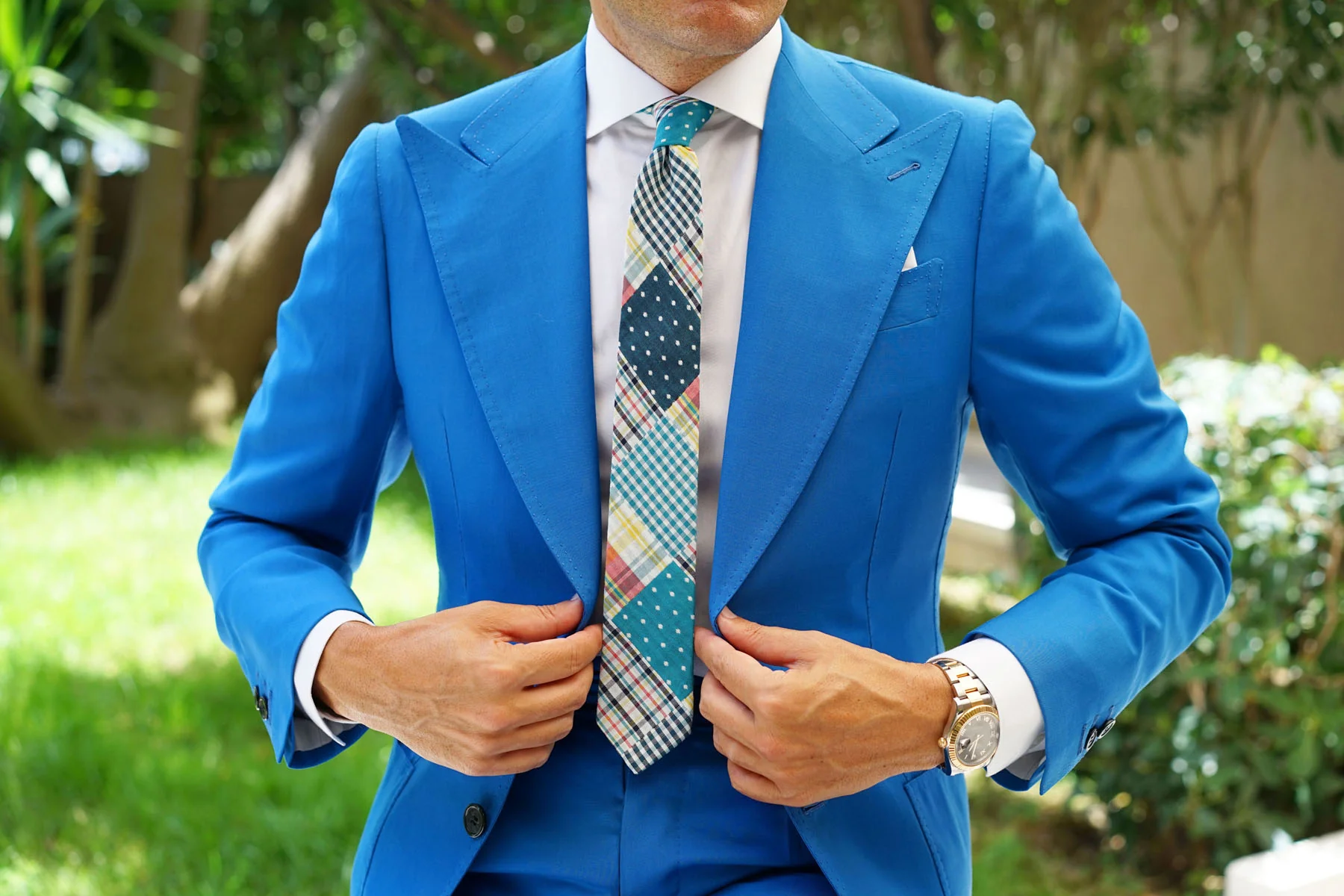 Plaid Blue Gingham Cotton Polka Dot Skinny Tie - Image 6