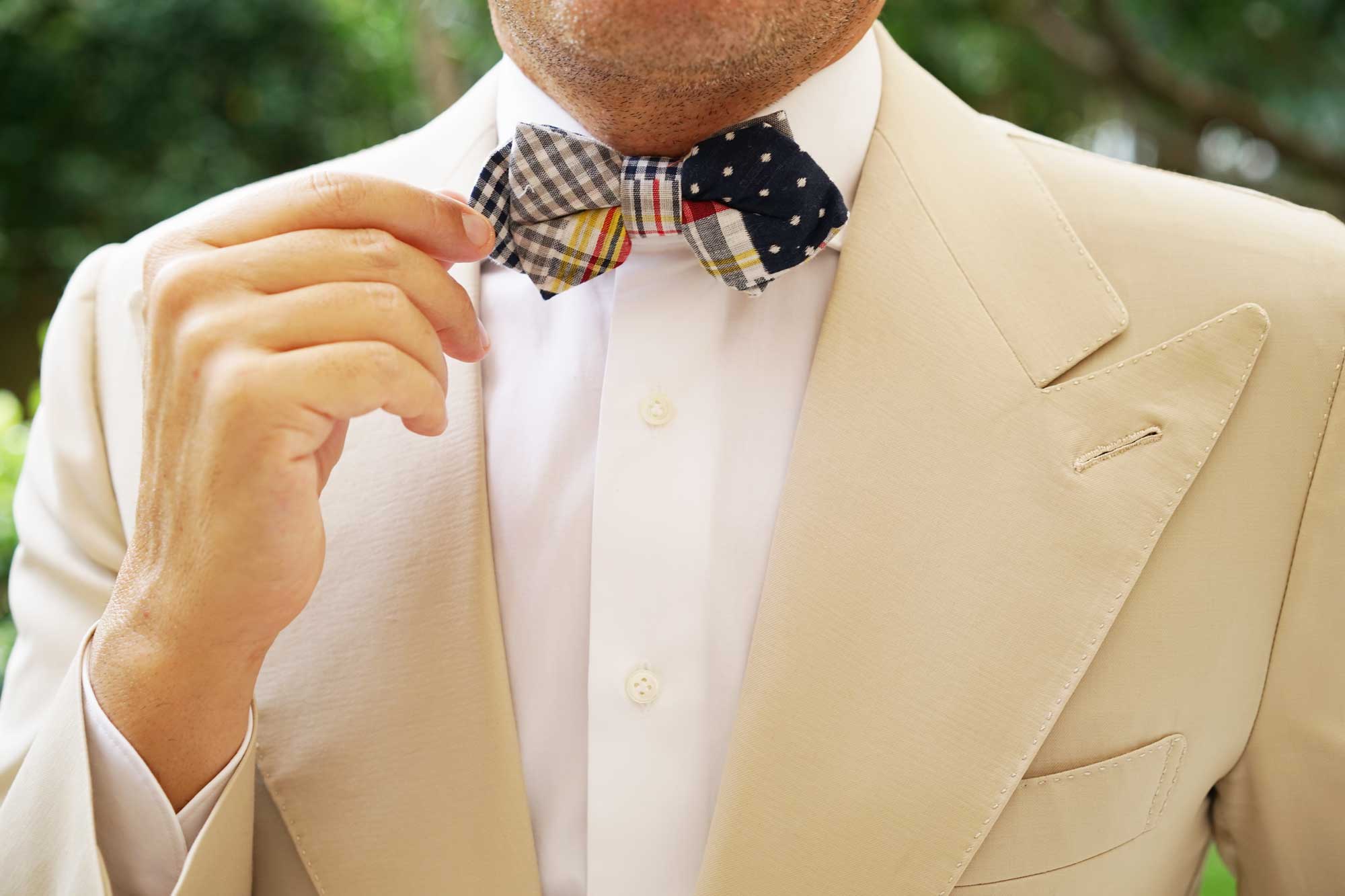Plaid Grey Gingham Cotton Polka Dot Diamond Bow Tie - Image 7
