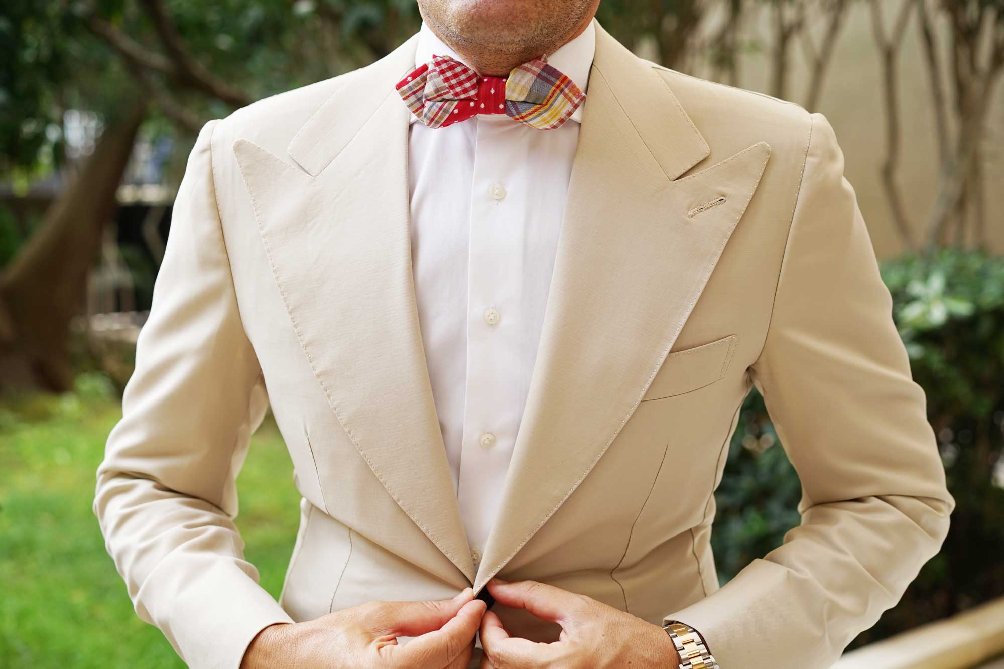 Plaid Red Gingham Cotton Polka Dot Diamond Bow Tie - Image 3