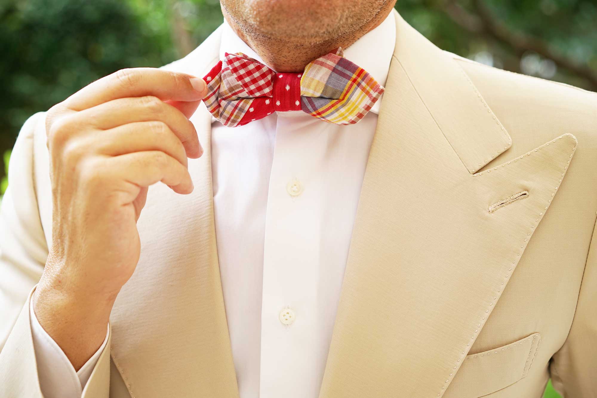 Plaid Red Gingham Cotton Polka Dot Diamond Bow Tie - Image 7