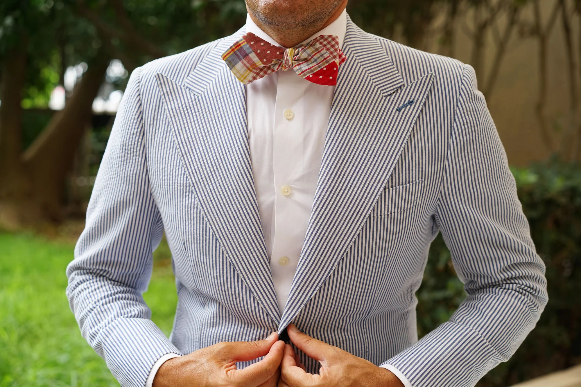 Plaid Red Gingham Cotton Polka Dot Self Tie Diamond Bow Tie - Image 3