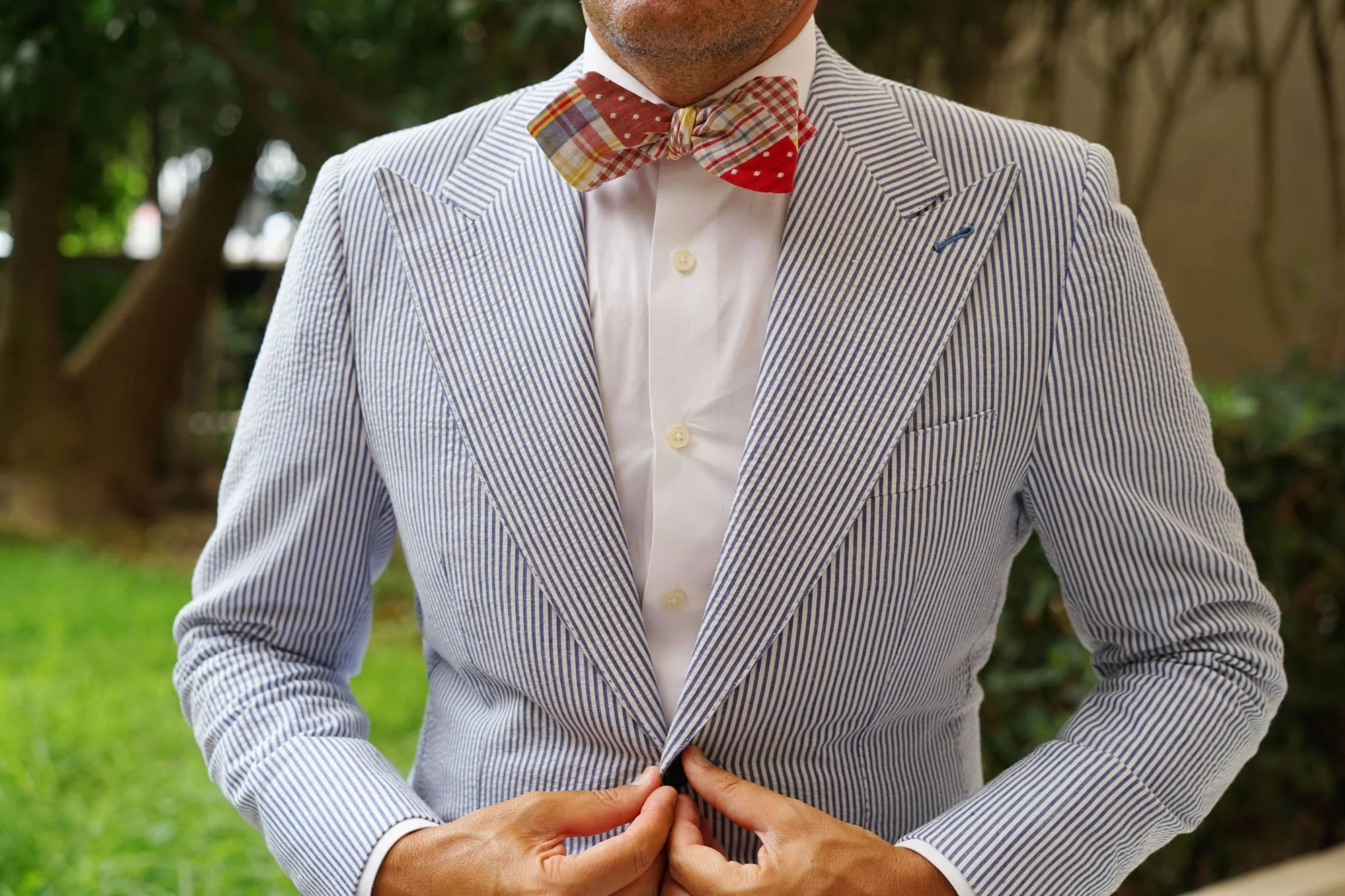 Plaid Red Gingham Cotton Polka Dot Self Tie Diamond Bow Tie - Image 7