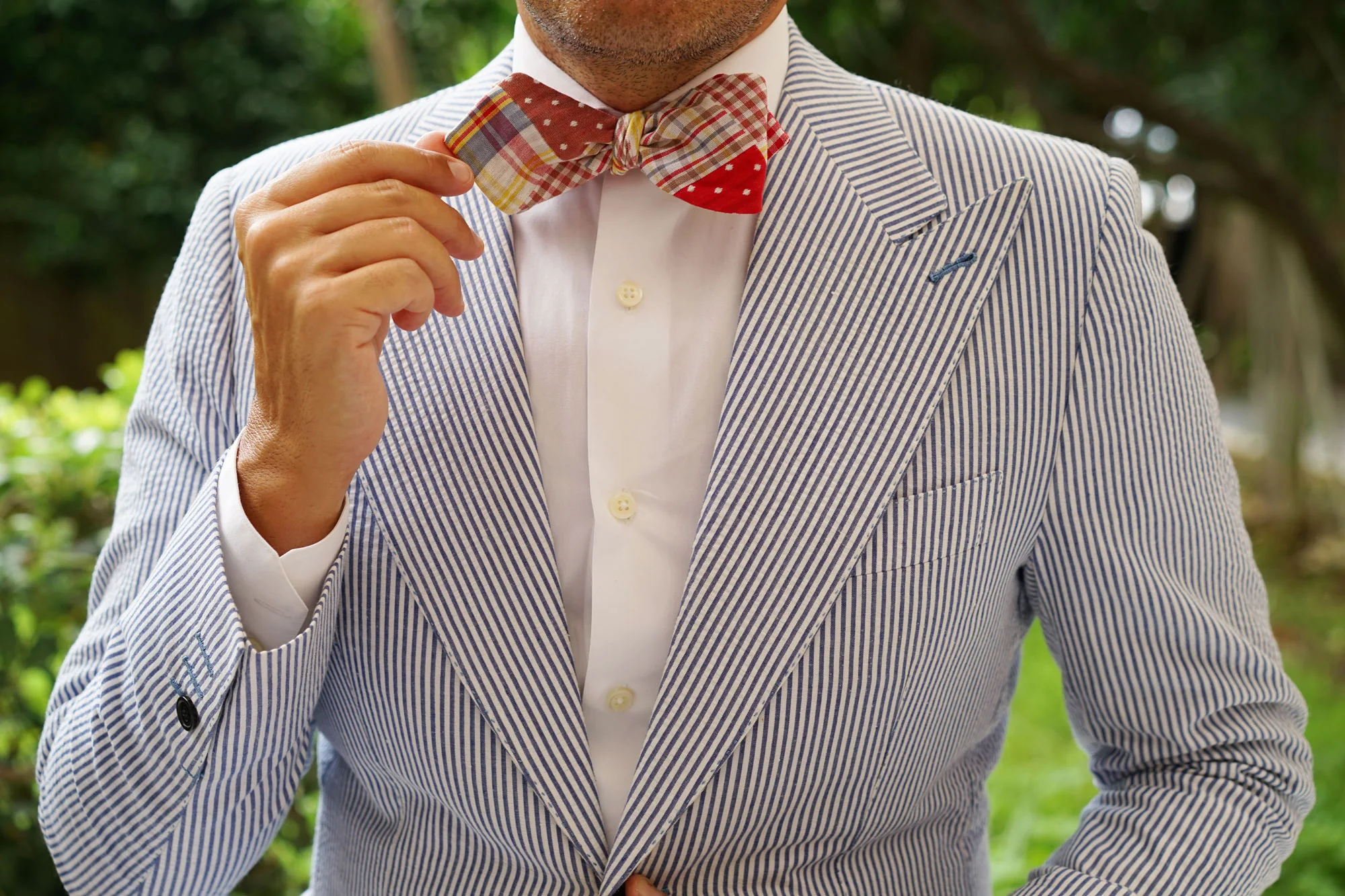 Plaid Red Gingham Cotton Polka Dot Self Tie Diamond Bow Tie - Image 8