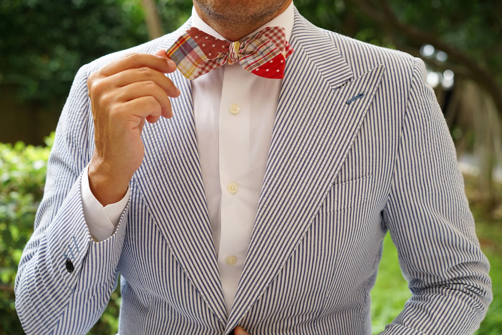 Plaid Red Gingham Cotton Polka Dot Self Tie Diamond Bow Tie - Image 9