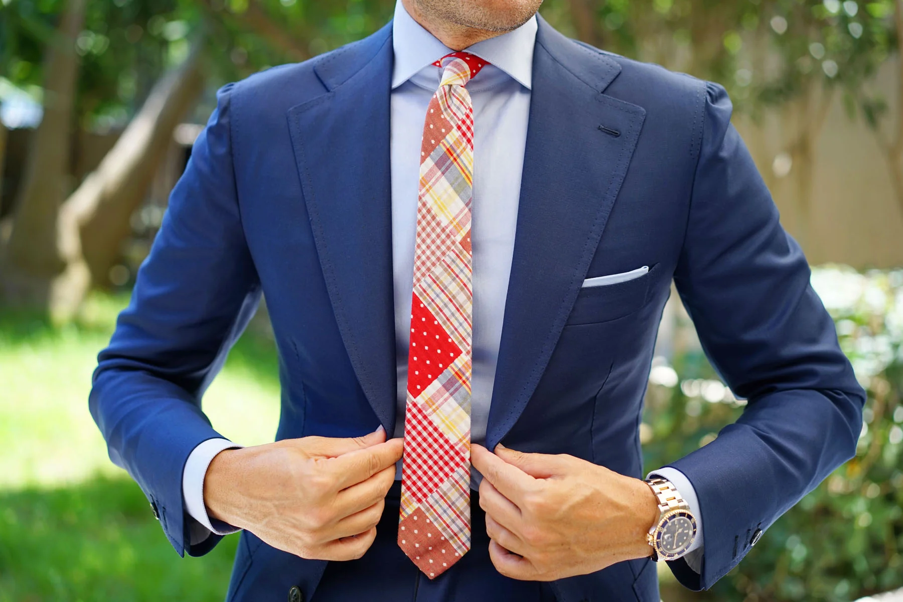 Plaid Red Gingham Cotton Polka Dot Skinny Tie - Image 6