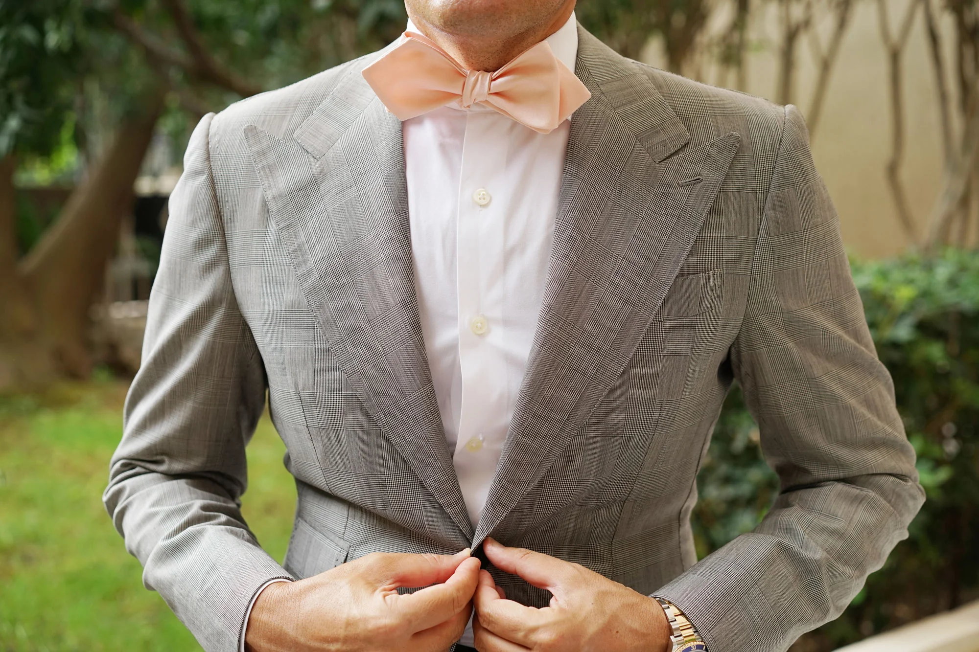 Peach Satin Self Tie Diamond Tip Bow Tie - Image 6