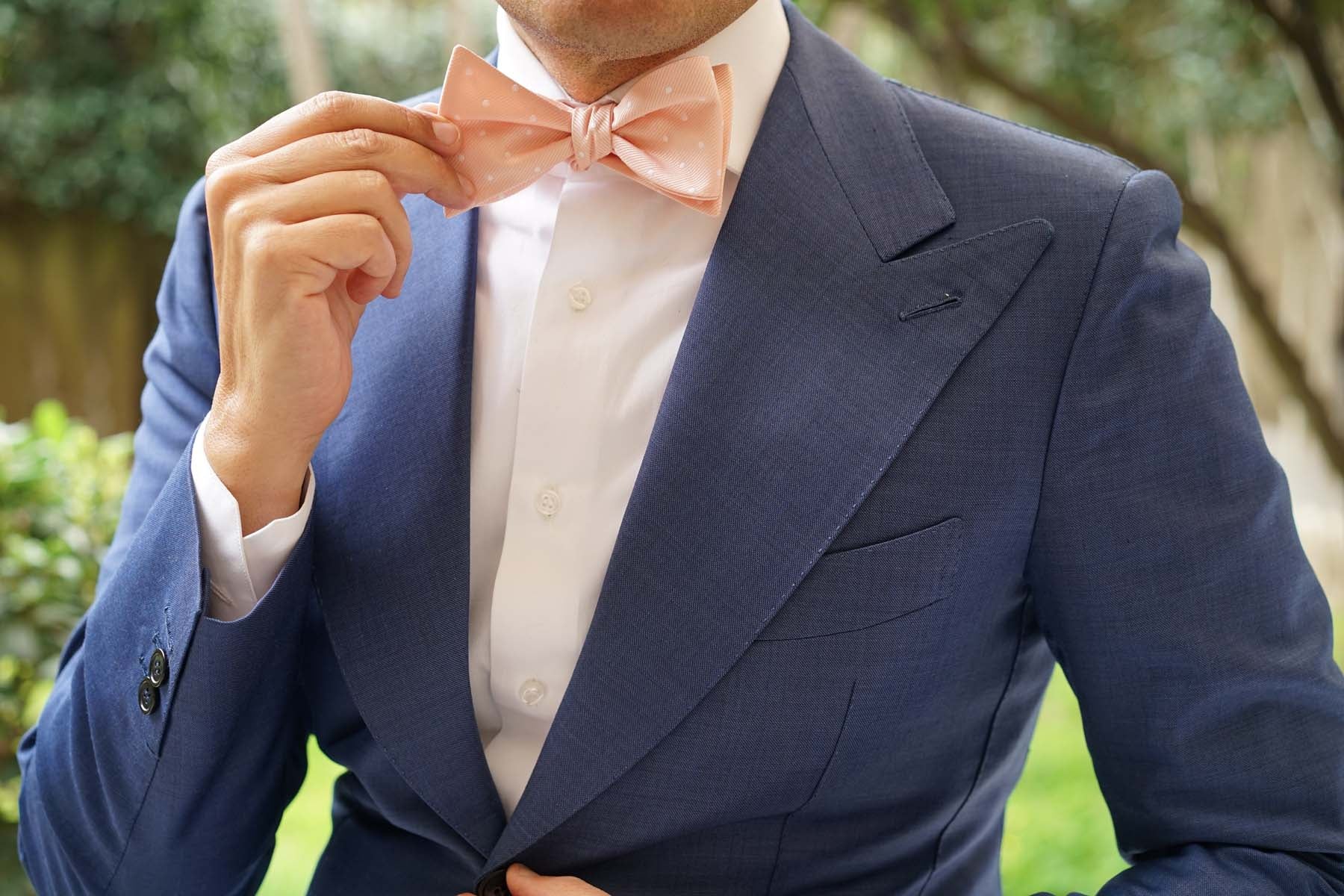 Peach with White Polka Dots Self Tie Bow Tie - Image 6