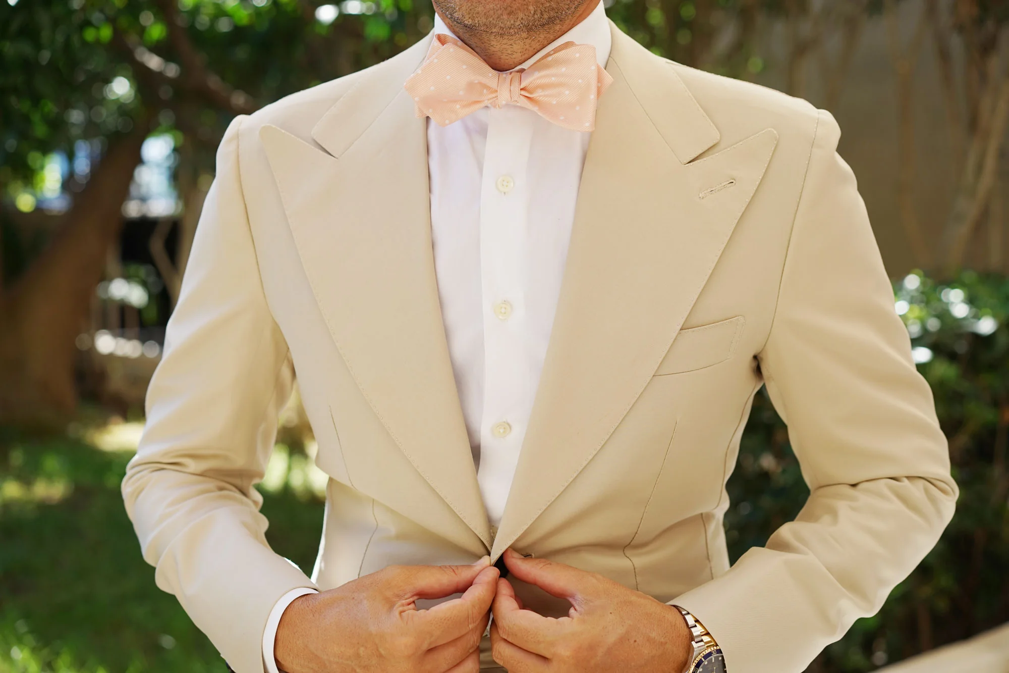 Peach with White Polka Dots Self Tie Diamond Tip Bow Tie - Image 6