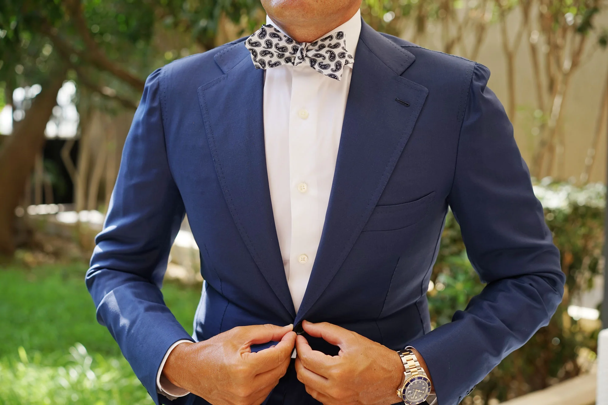 Picasso White on Blue Paisley Diamond Self Bow Tie - Image 4