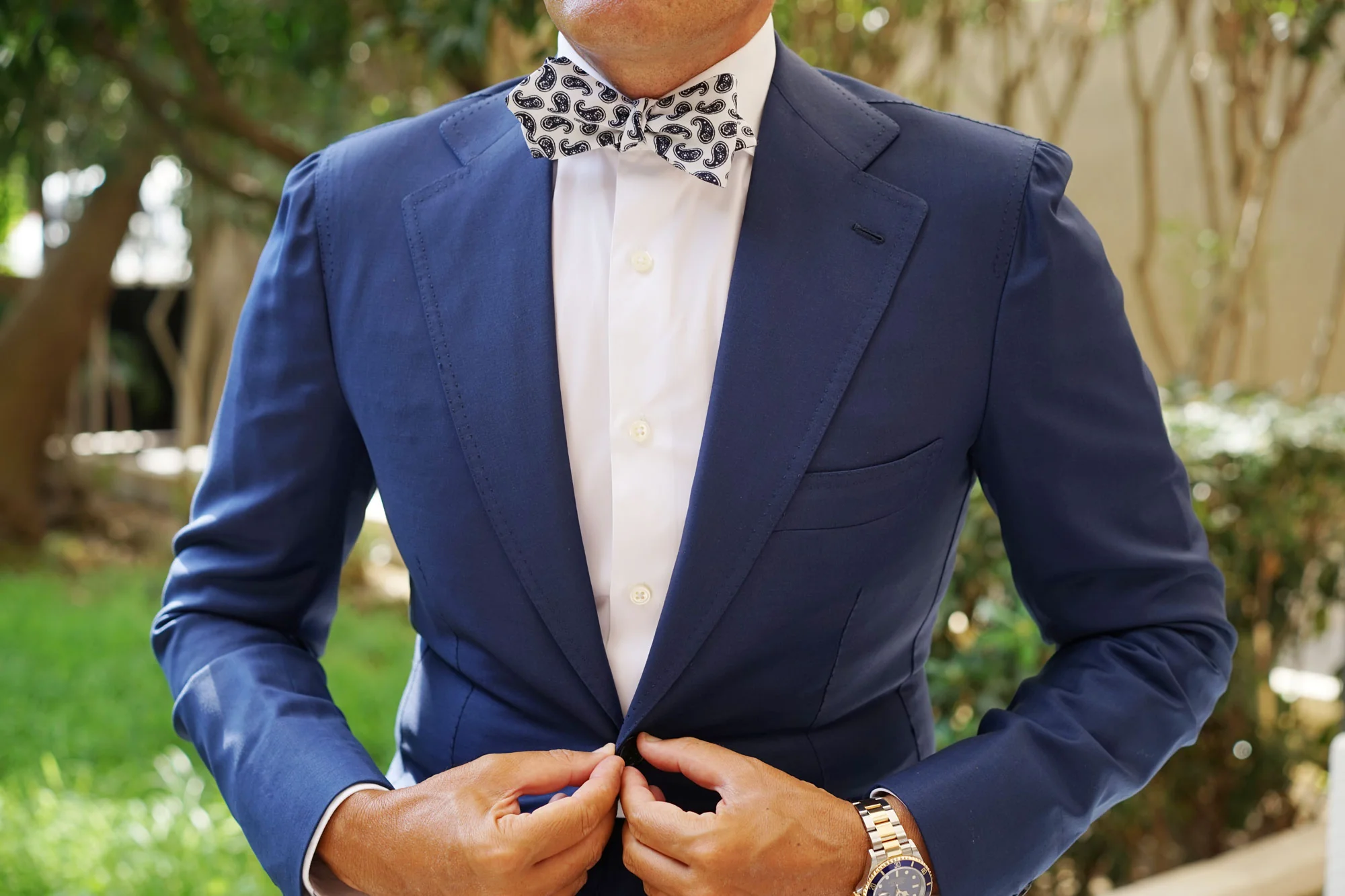 Picasso White on Blue Paisley Diamond Self Bow Tie - Image 6