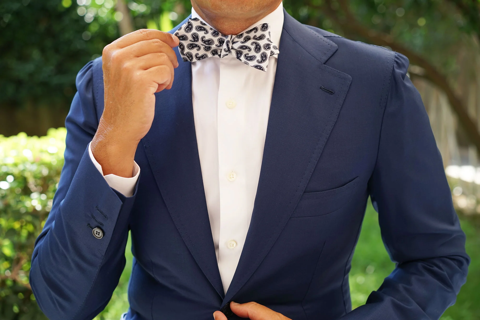 Picasso White on Blue Paisley Diamond Self Bow Tie - Image 7
