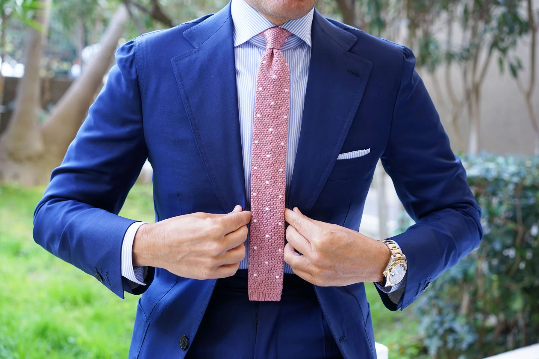 Pink Knitted Tie with White Polka Dots - Image 3