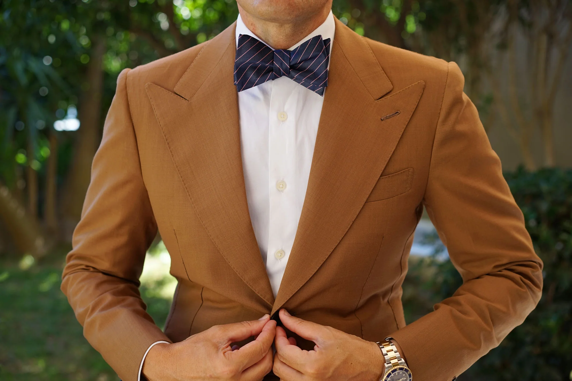 Pink Striped Navy Blue Herringbone Self Bow Tie - Image 8