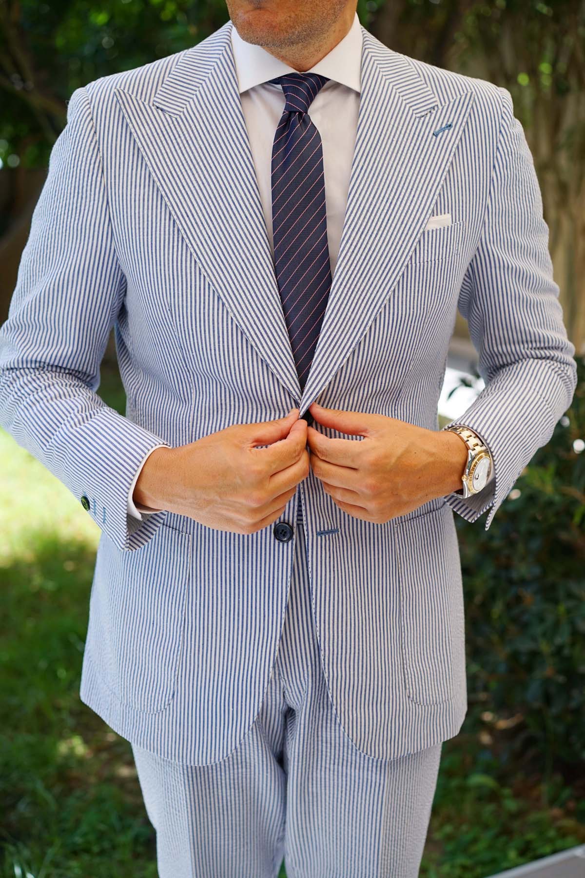 Pink Striped Navy Blue Herringbone Skinny Tie - Image 6