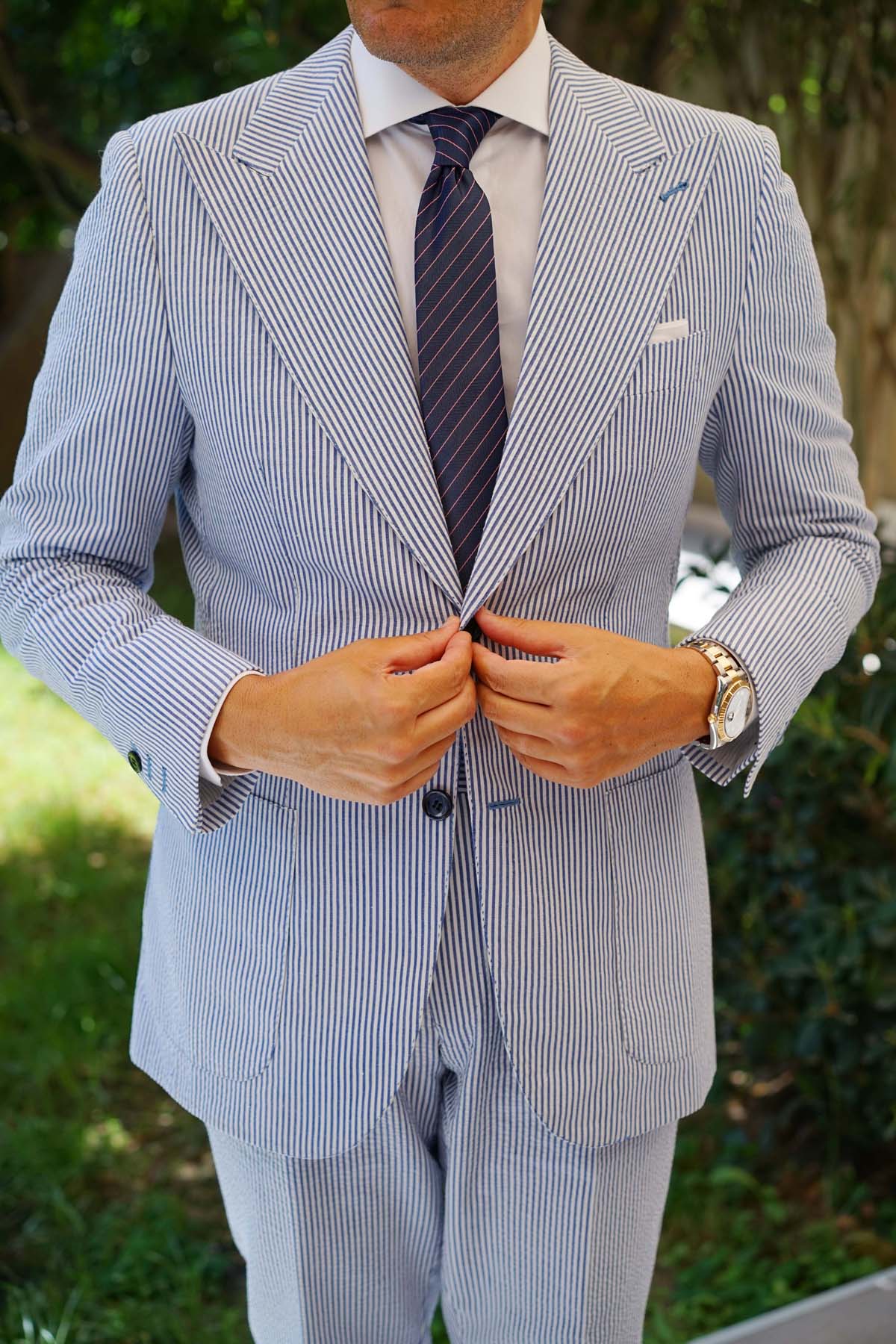 Pink Striped Navy Blue Herringbone Skinny Tie - Image 8