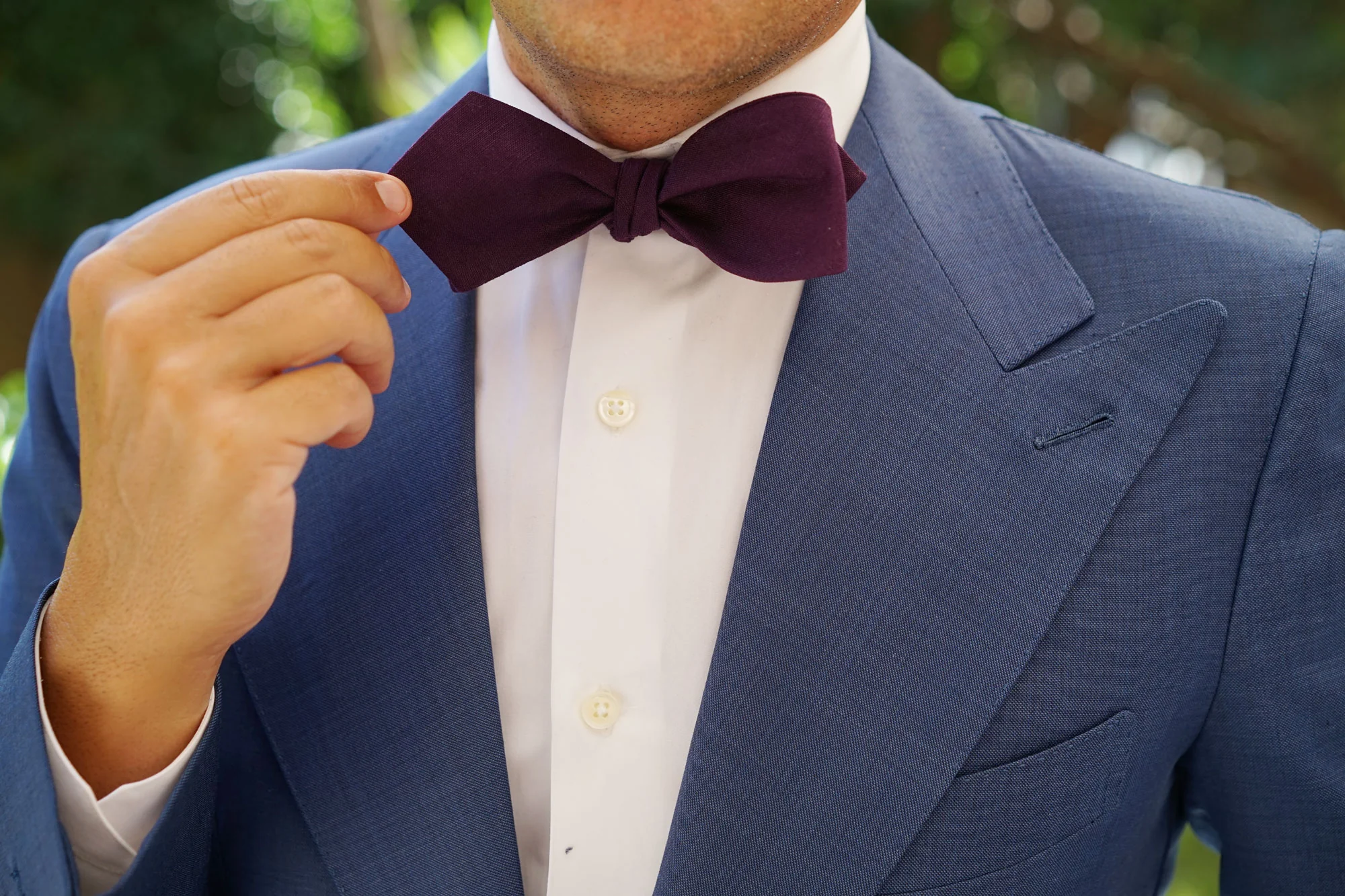 Purple Plum Slub Linen Self Tie Diamond Tip Bow Tie - Image 12