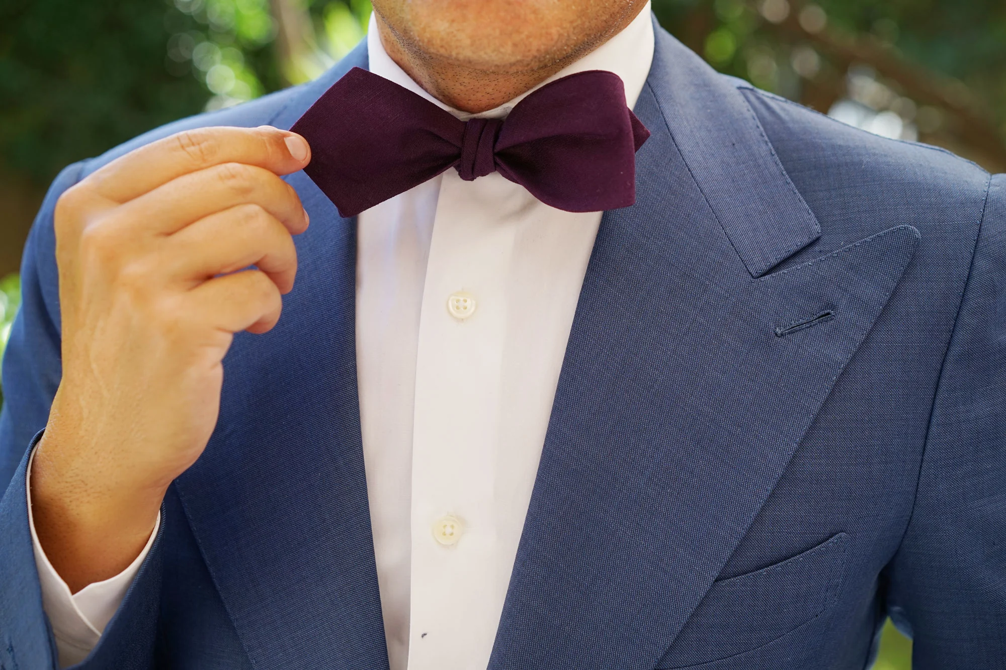 Purple Plum Slub Linen Self Tie Diamond Tip Bow Tie - Image 13