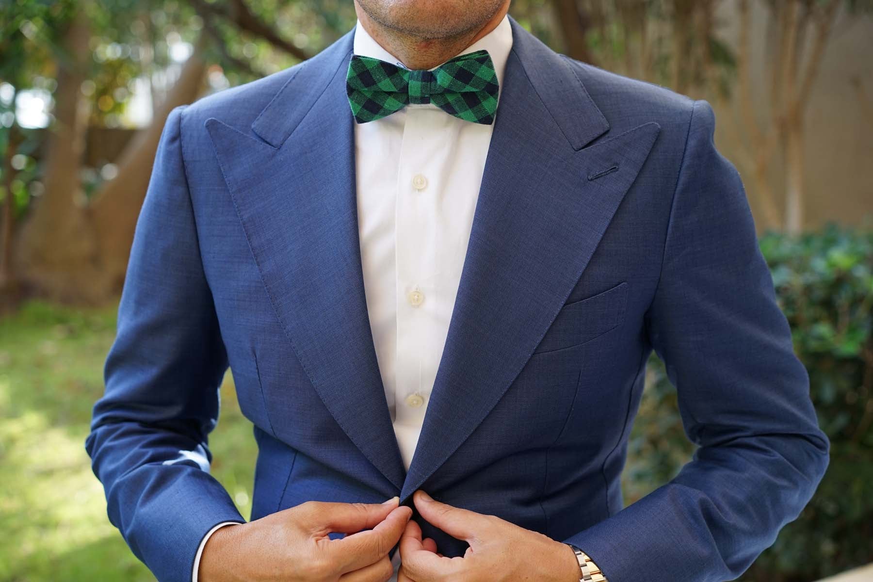 Raw Green Gingham Linen Bow Tie - Image 5