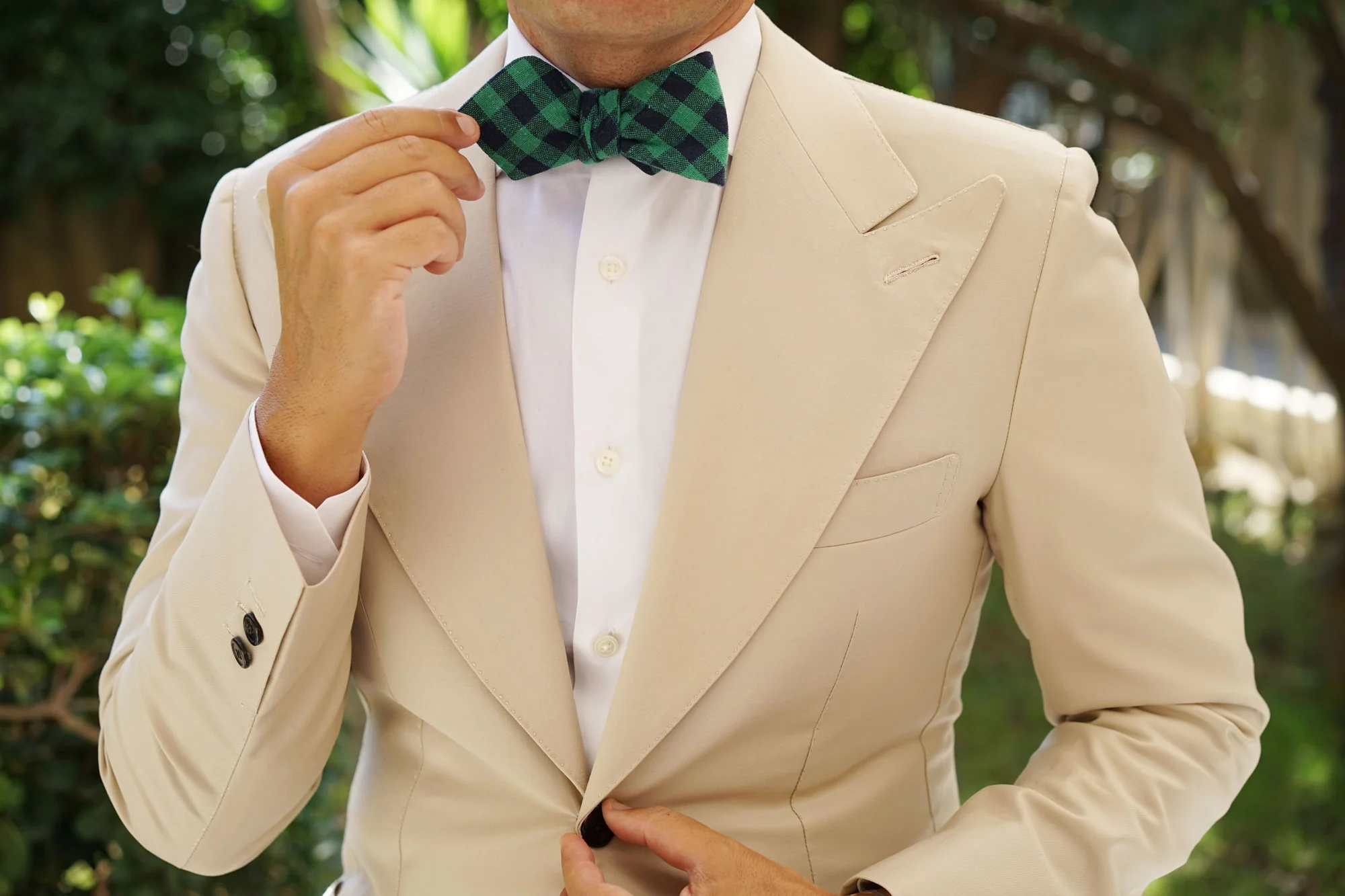 Raw Green Gingham Linen Diamond Self Bow Tie - Image 6