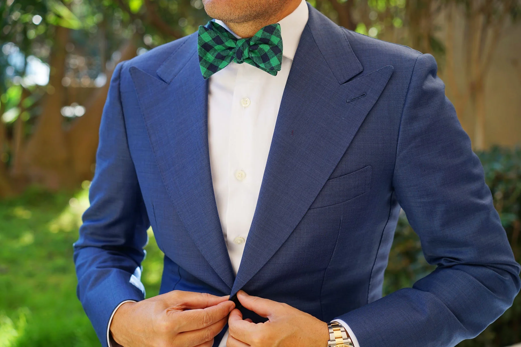 Raw Green Gingham Linen Self Bow Tie - Image 4
