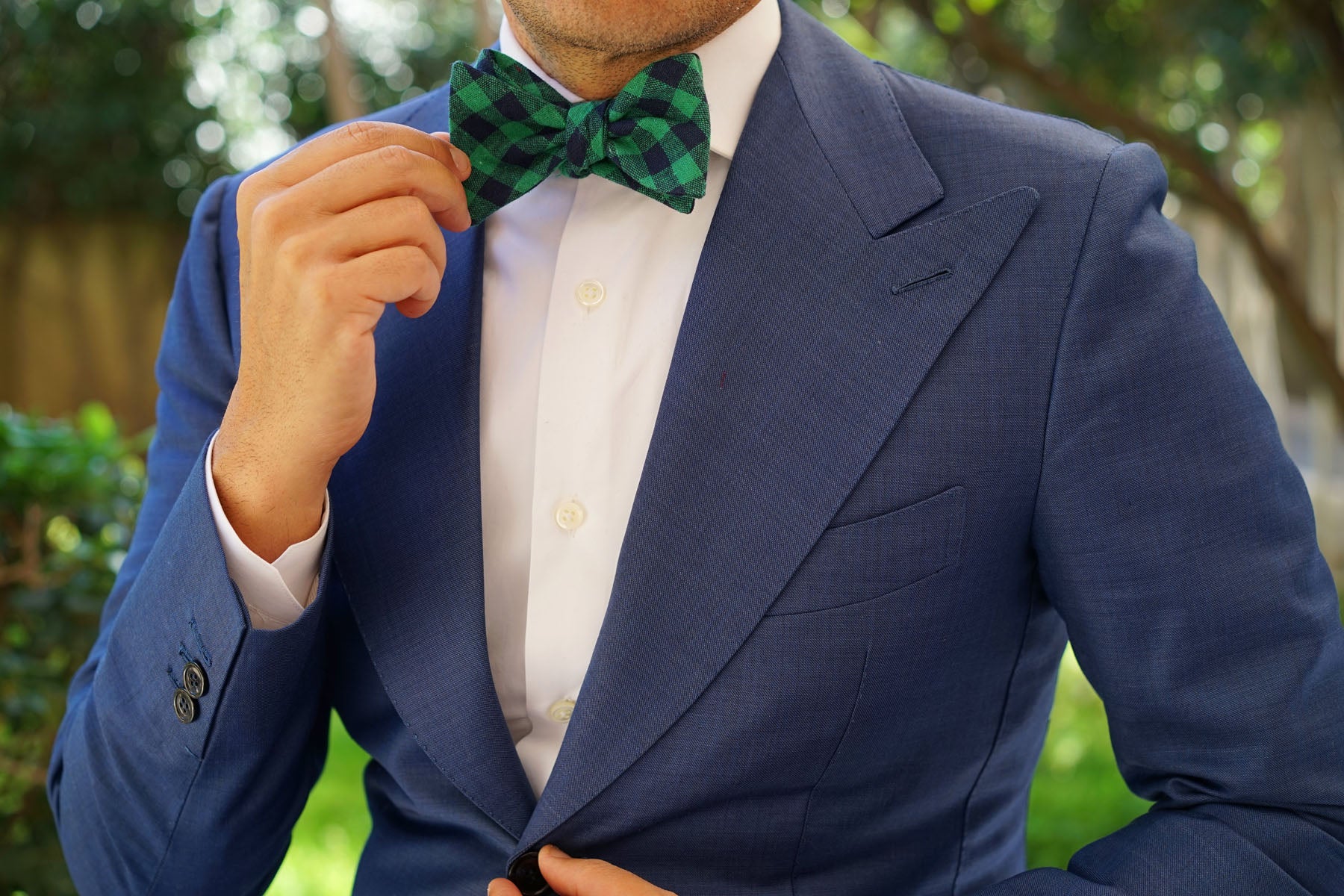 Raw Green Gingham Linen Self Bow Tie - Image 6