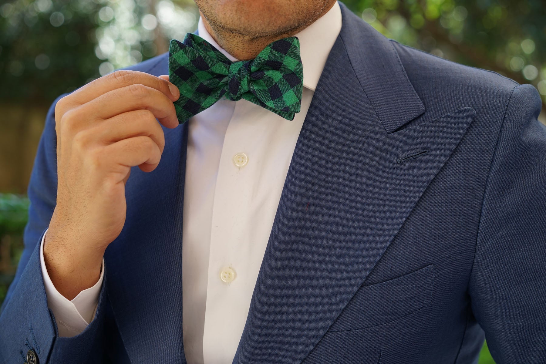 Raw Green Gingham Linen Self Bow Tie - Image 7