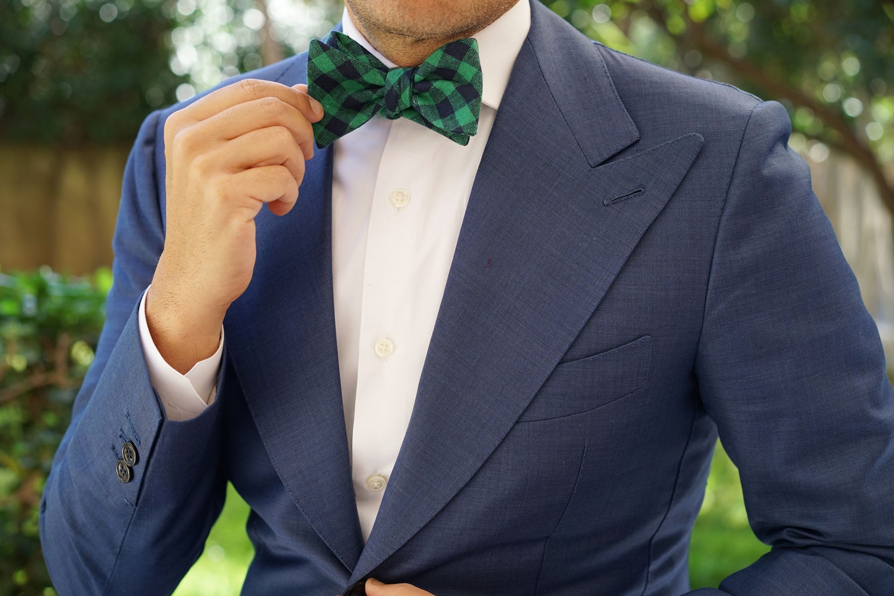 Raw Green Gingham Linen Self Bow Tie - Image 9