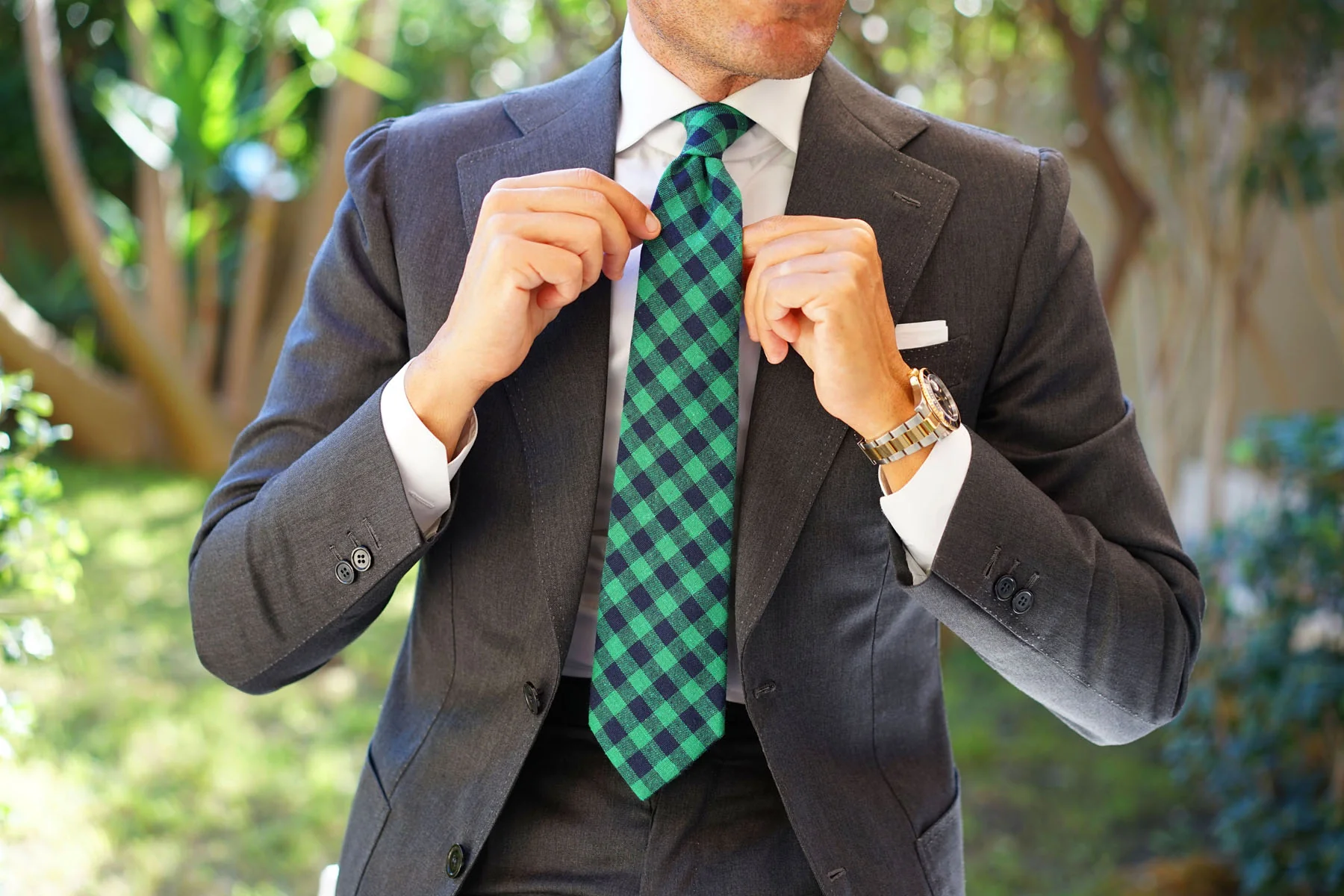Raw Green Gingham Linen Tie - Image 10