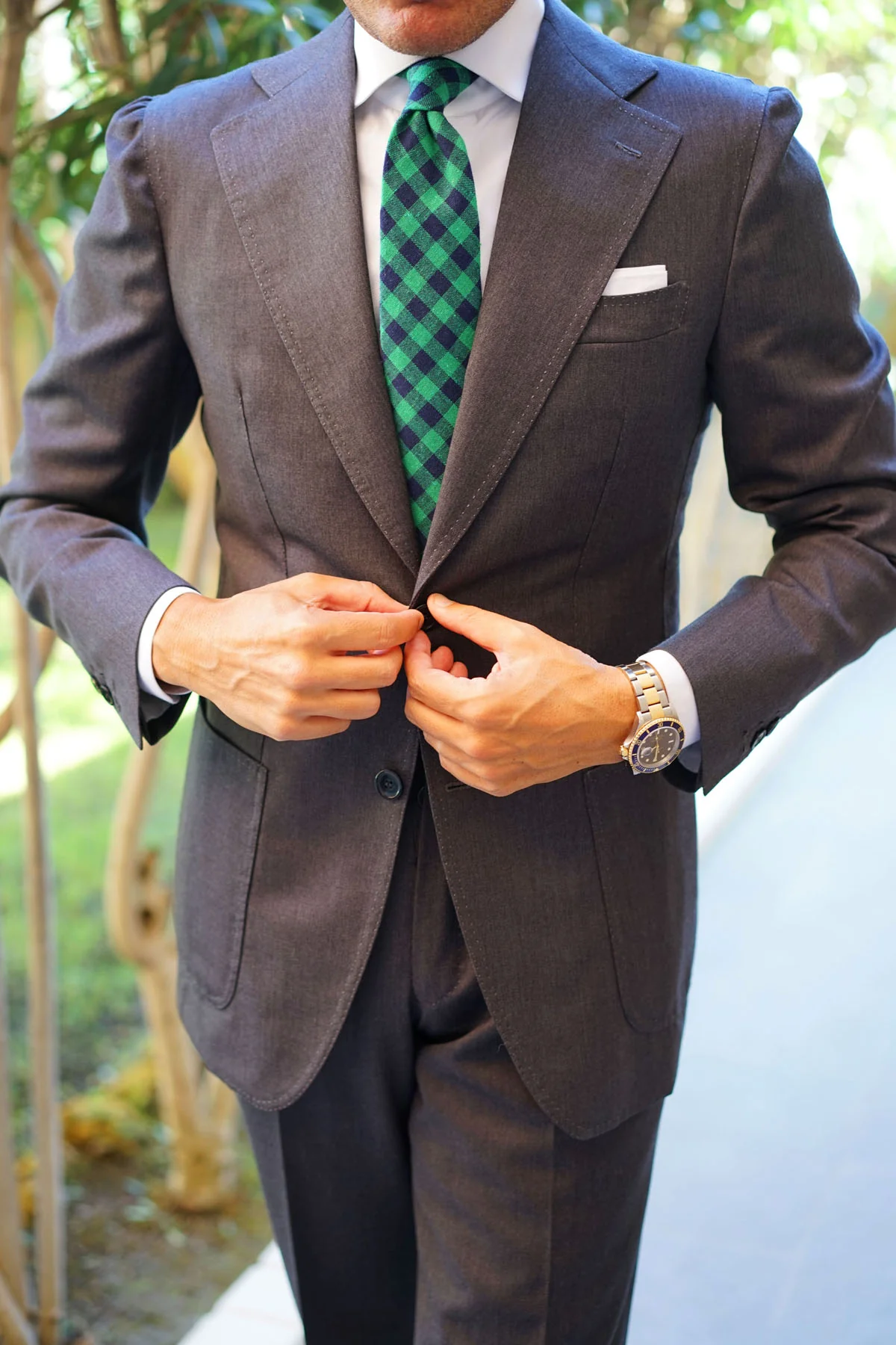 Raw Green Gingham Linen Tie - Image 11