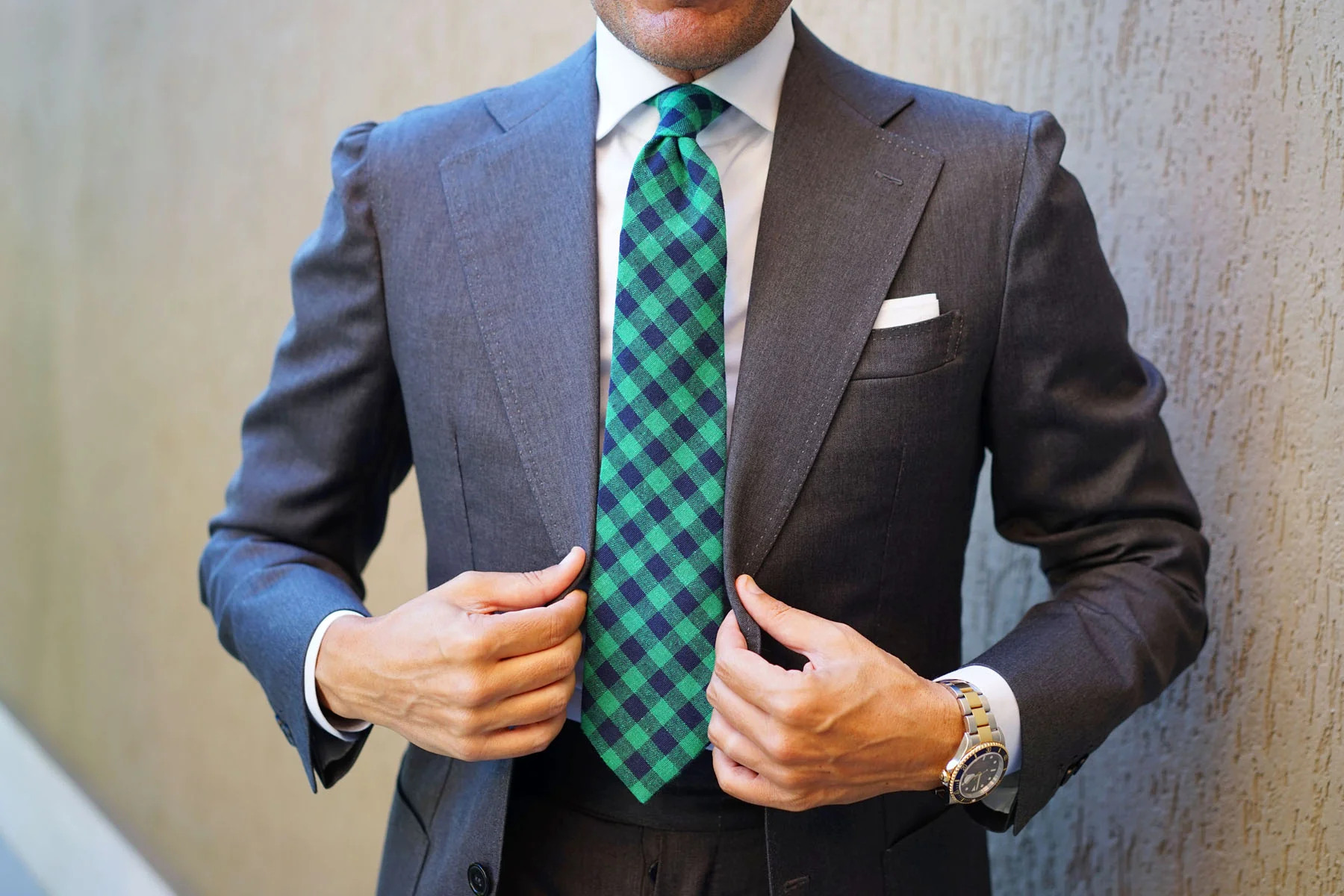 Raw Green Gingham Linen Tie - Image 3