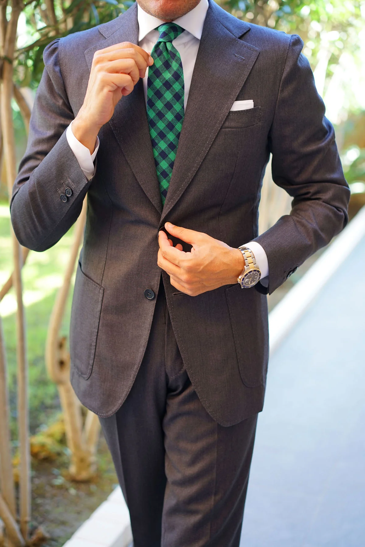 Raw Green Gingham Linen Tie - Image 4