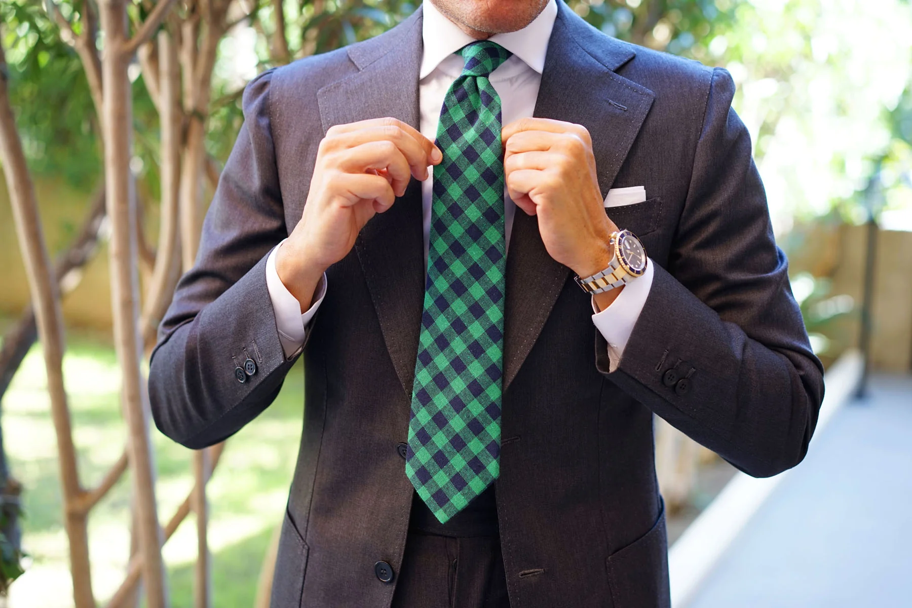 Raw Green Gingham Linen Tie - Image 5