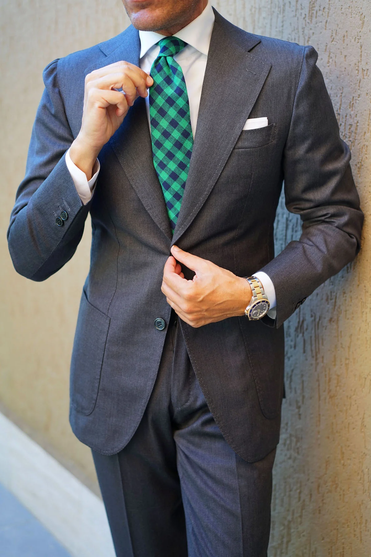 Raw Green Gingham Linen Tie - Image 6