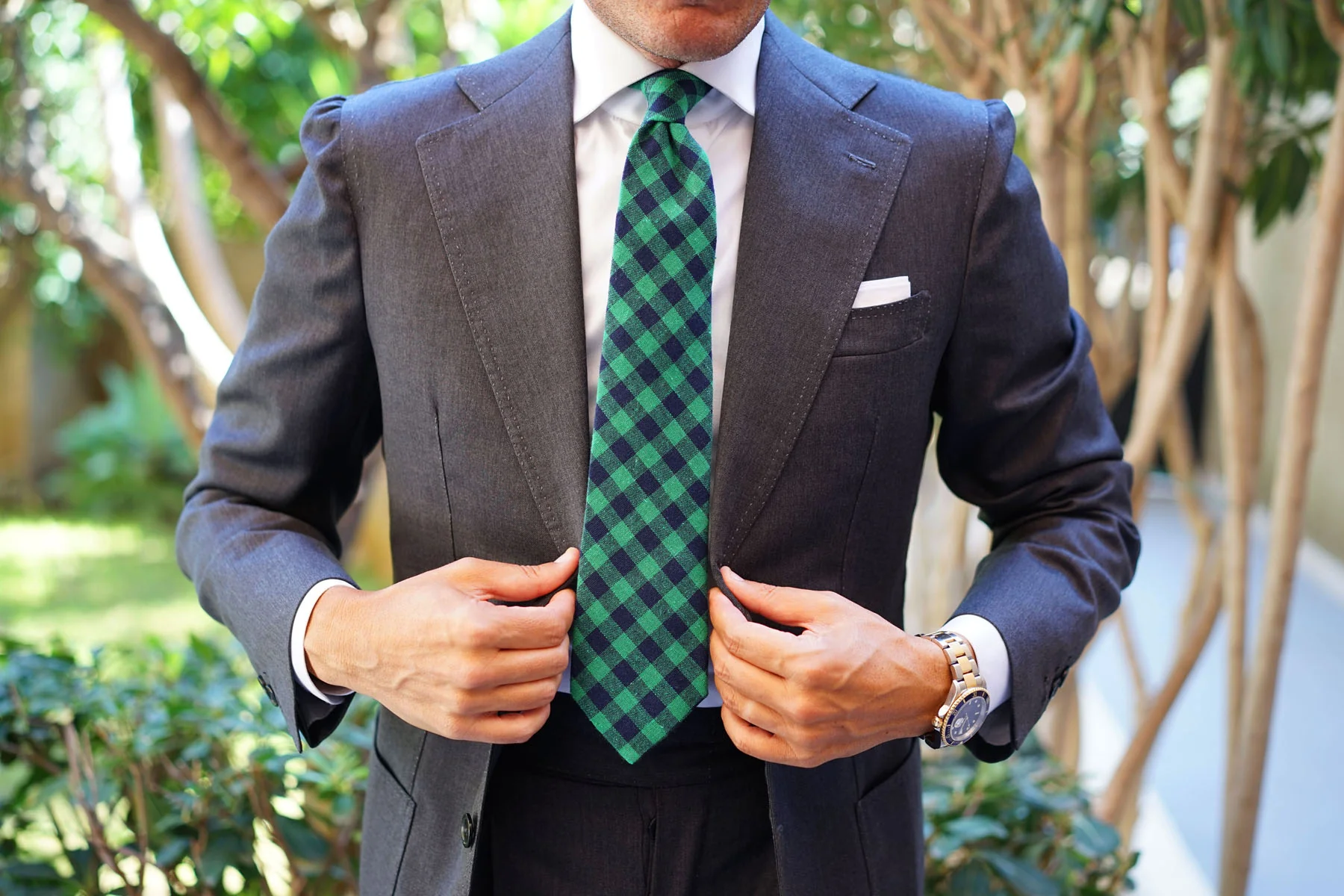 Raw Green Gingham Linen Tie - Image 8
