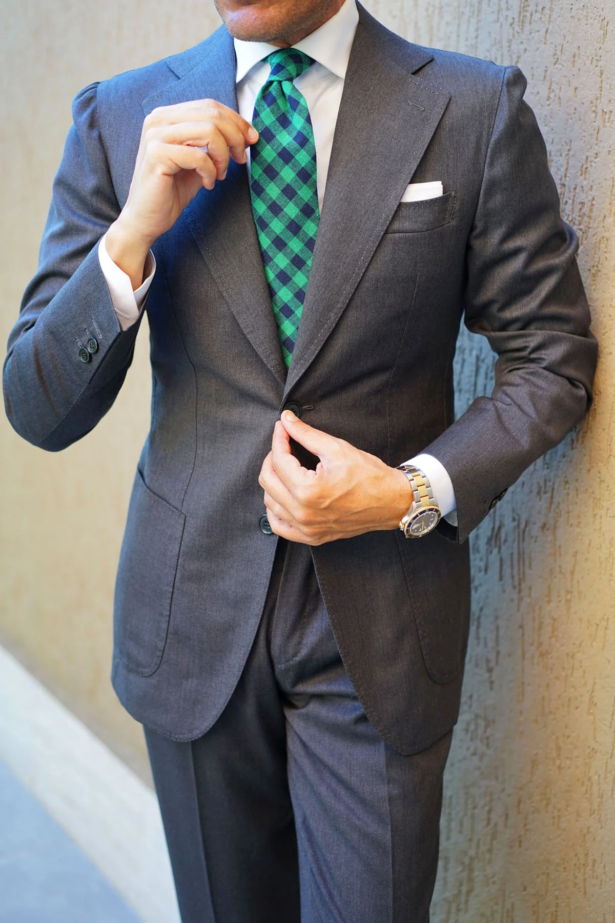 Raw Green Gingham Linen Tie - Image 9