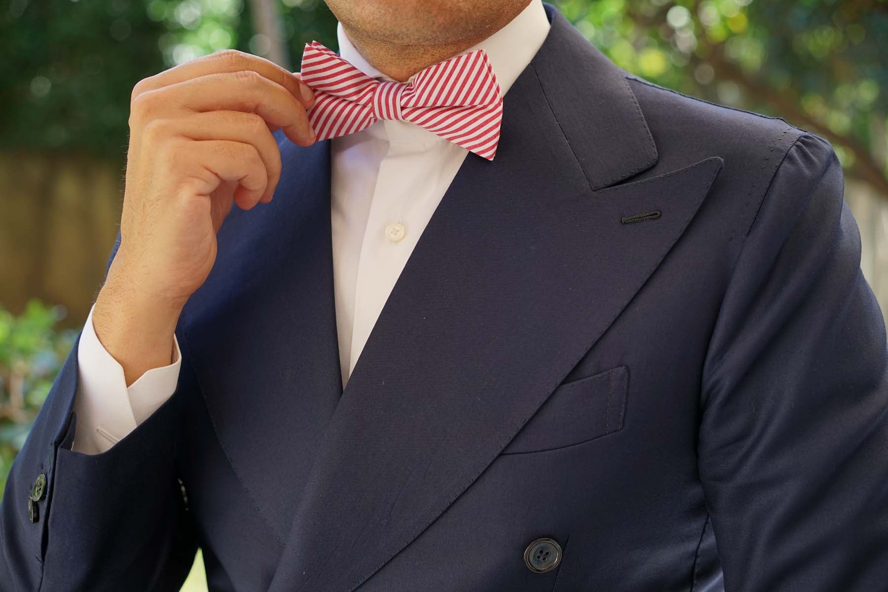 Red and White Chalk Stripe Cotton Bow Tie - Image 5