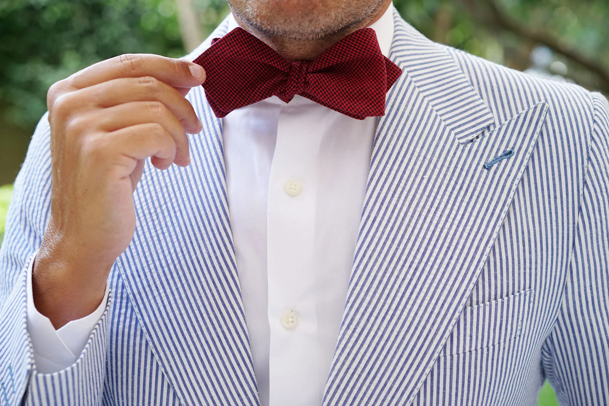 Red & Black Houndstooth Cotton Self Tie Diamond Tip Bow Tie - Image 11