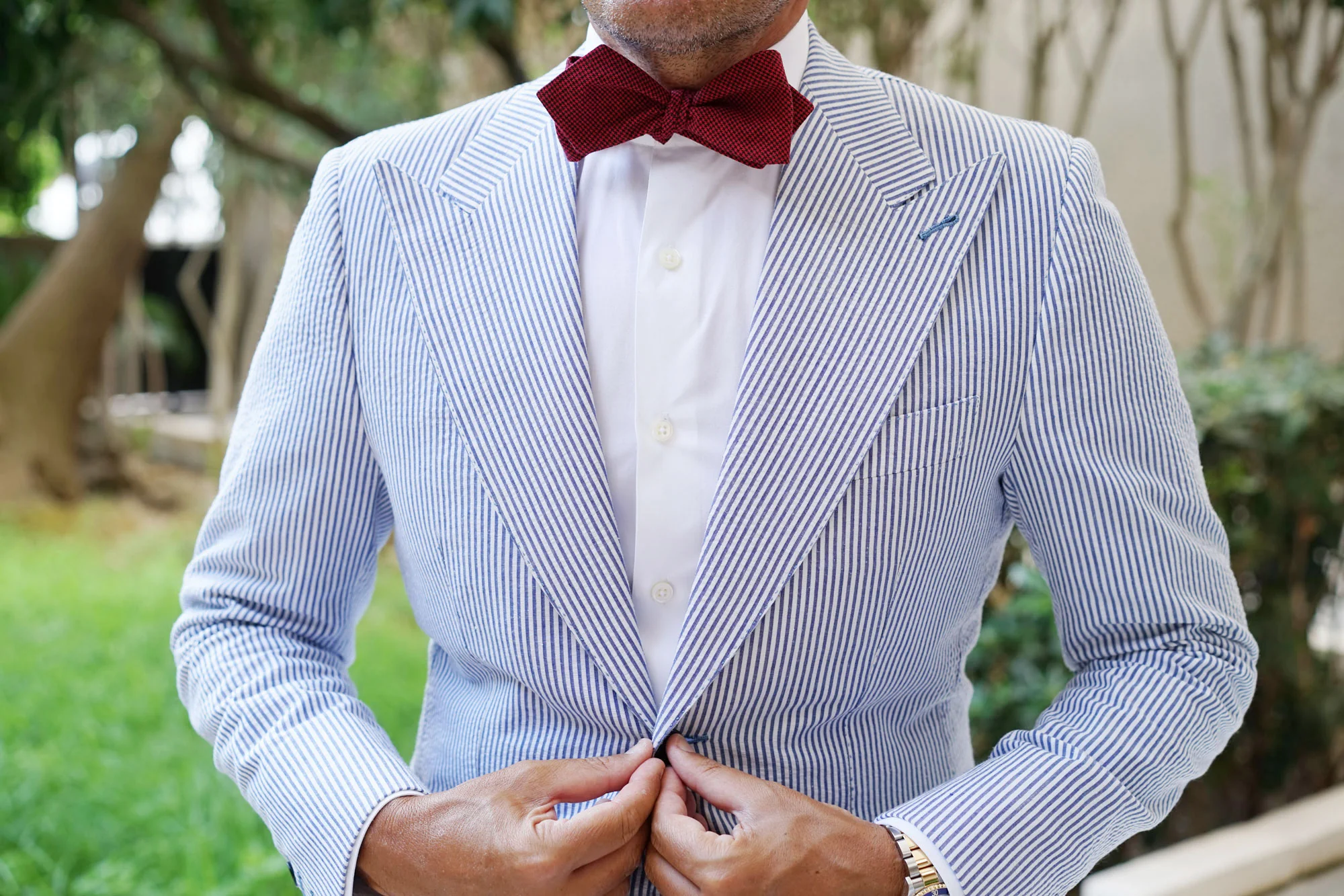 Red & Black Houndstooth Cotton Self Tie Diamond Tip Bow Tie - Image 6