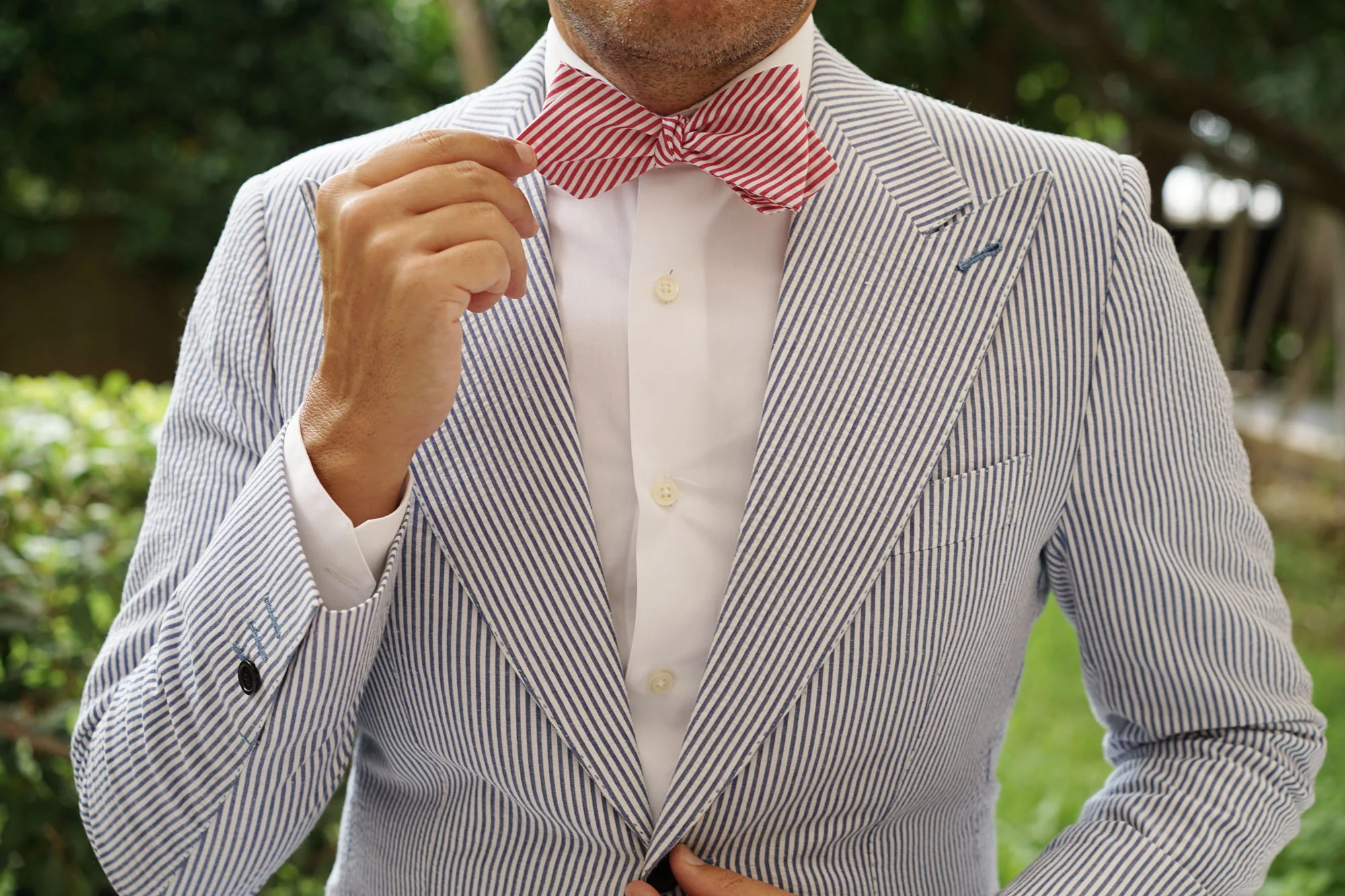 Red Chalk Stripes Cotton Self Tie Diamond Bow Tie - Image 5