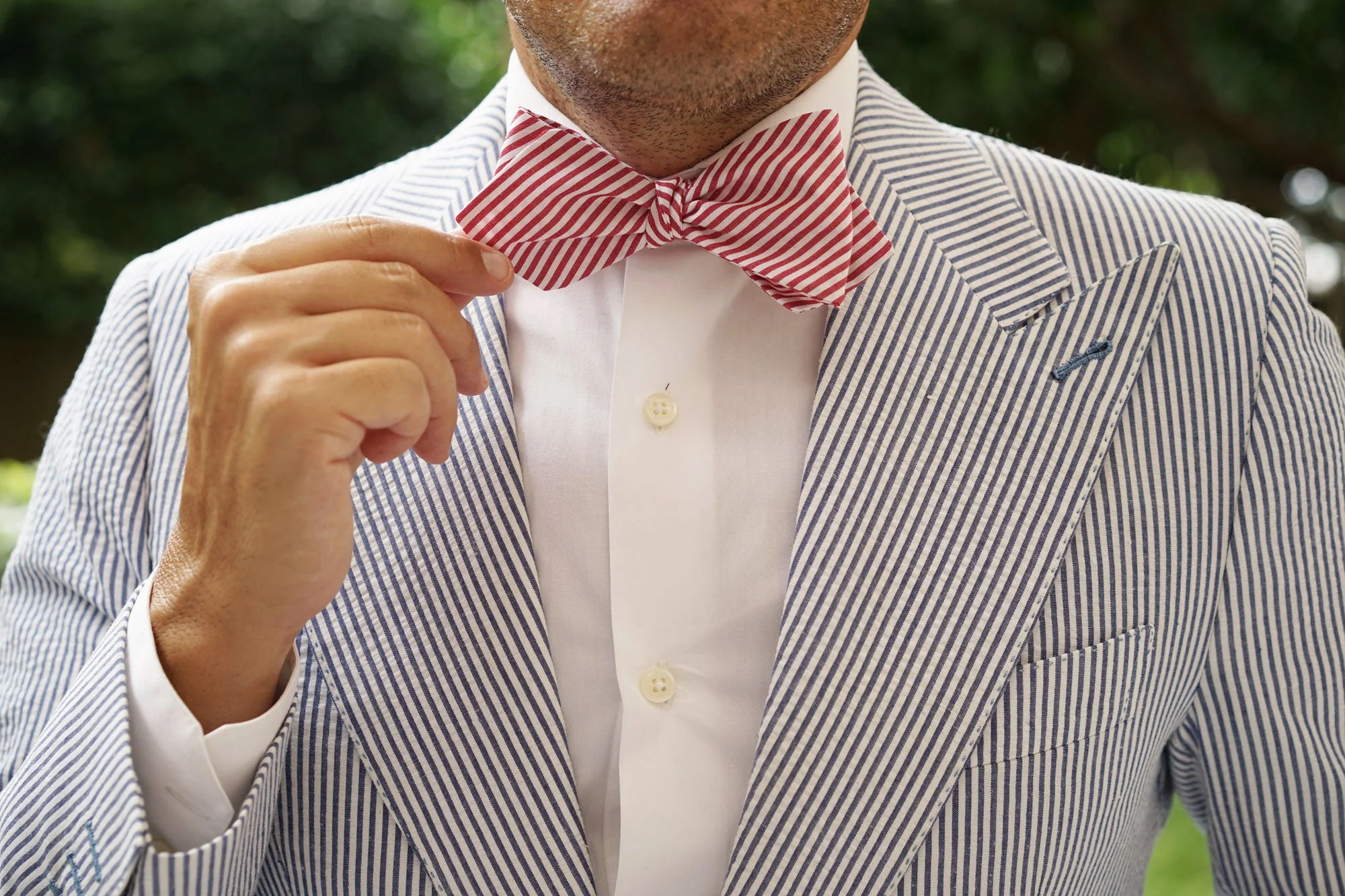 Red Chalk Stripes Cotton Self Tie Diamond Bow Tie - Image 6