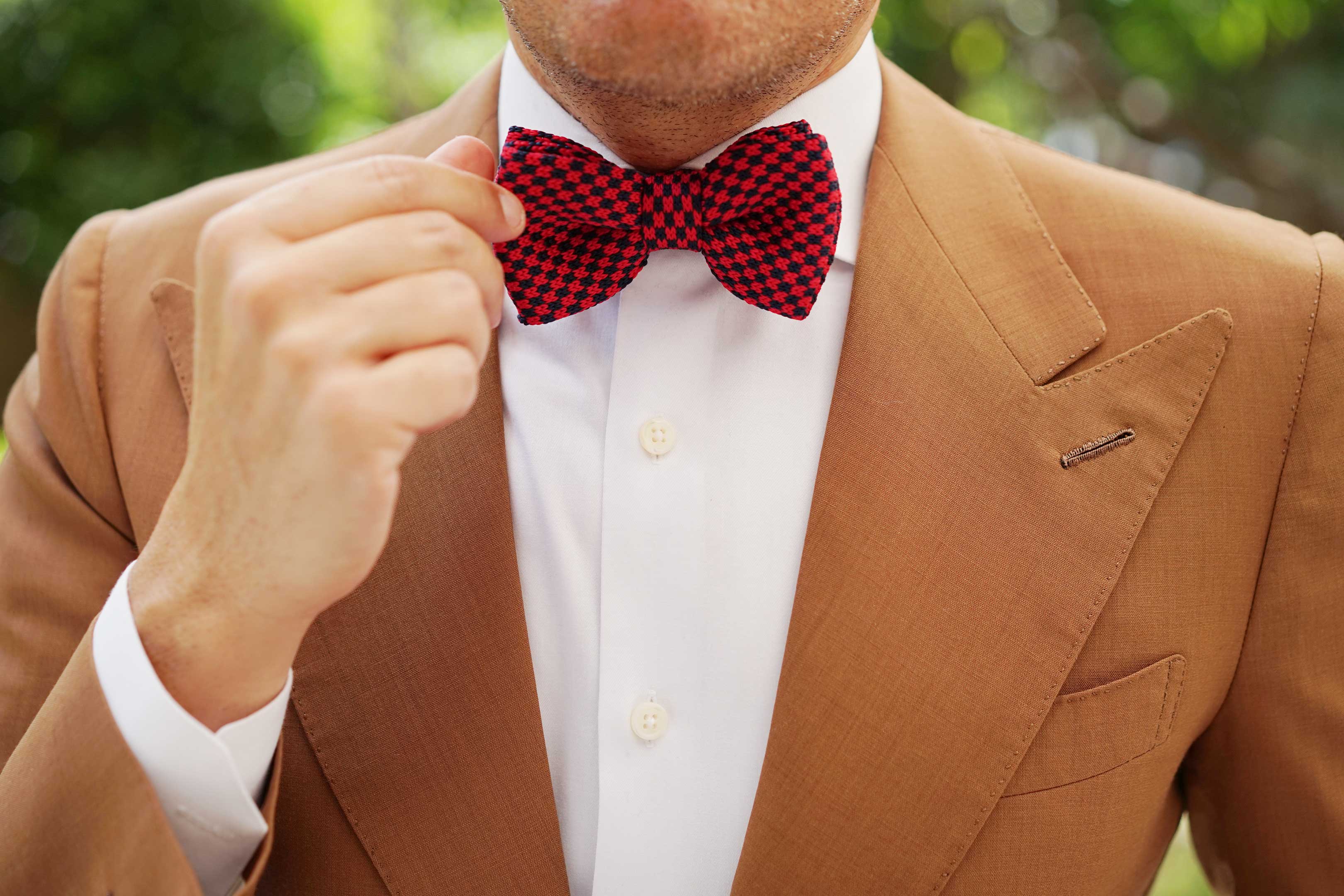 Red with Navy Blue Checkered Knitted Bow Tie - Image 6