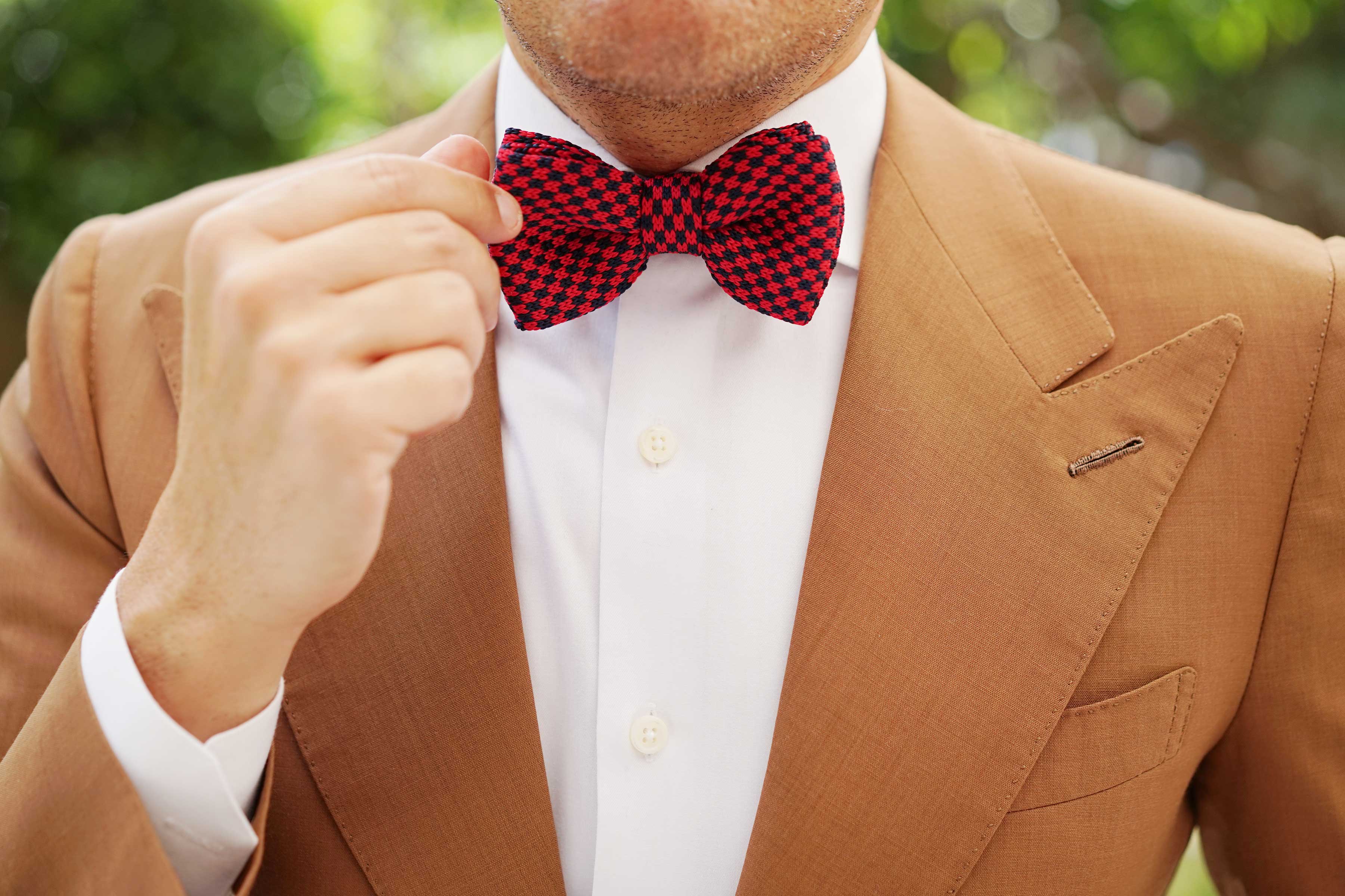Red with Navy Blue Checkered Knitted Bow Tie - Image 8