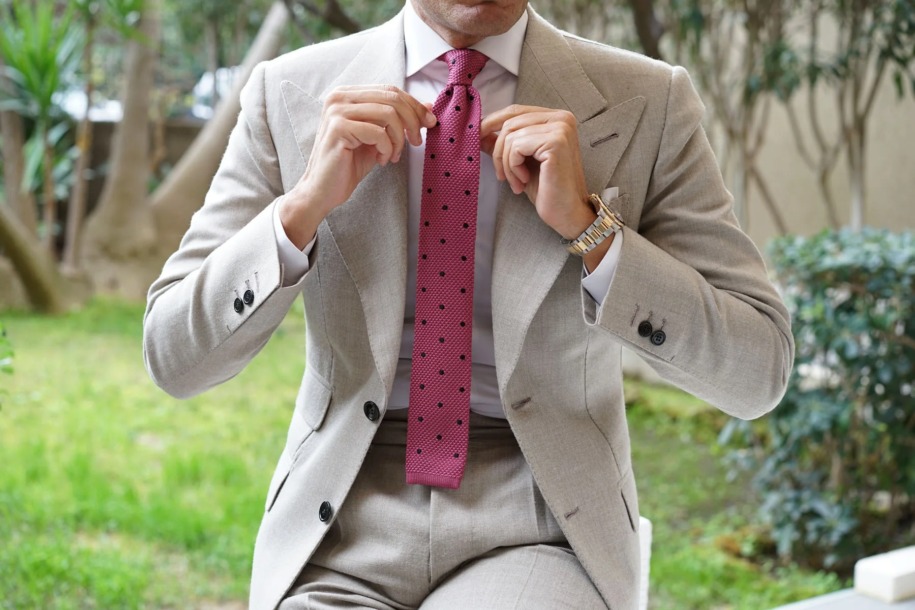 Rose Pink with Black Polkadots Knitted Tie - Image 3